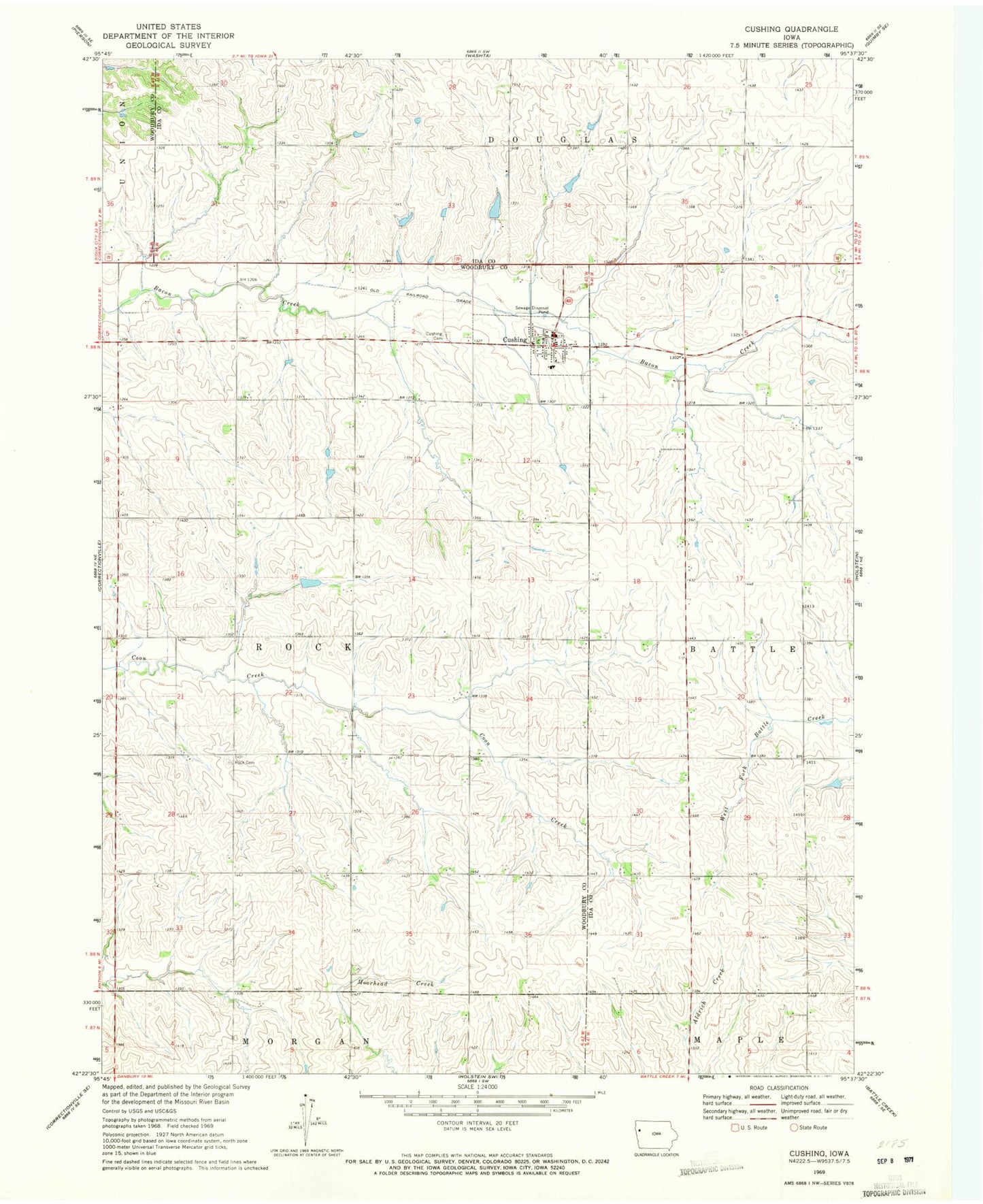 Classic USGS Cushing Iowa 7.5'x7.5' Topo Map Image