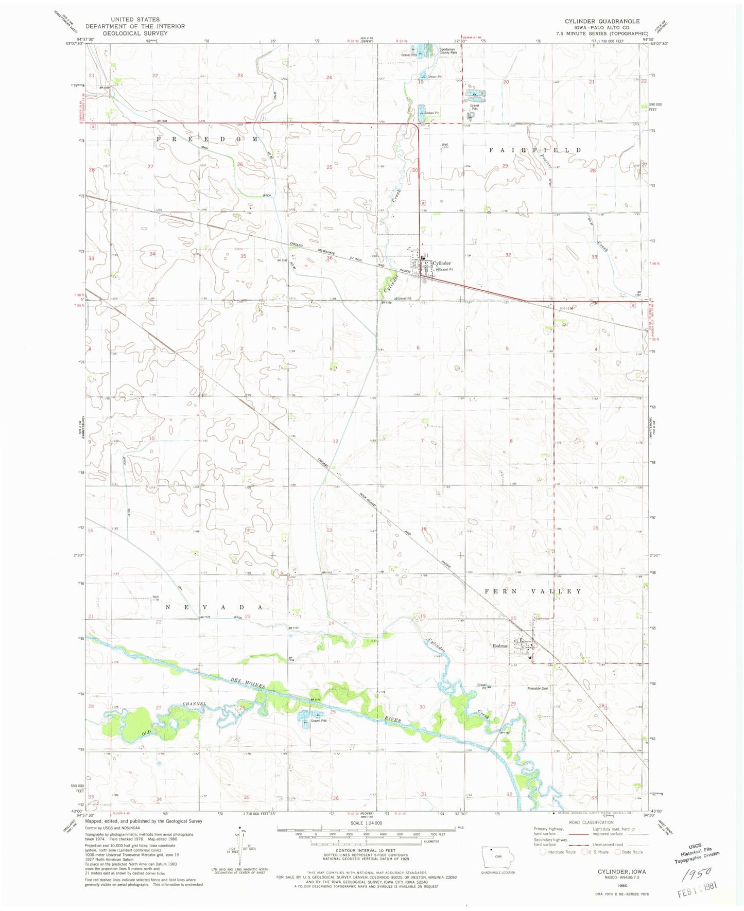 Classic USGS Cylinder Iowa 7.5'x7.5' Topo Map Image