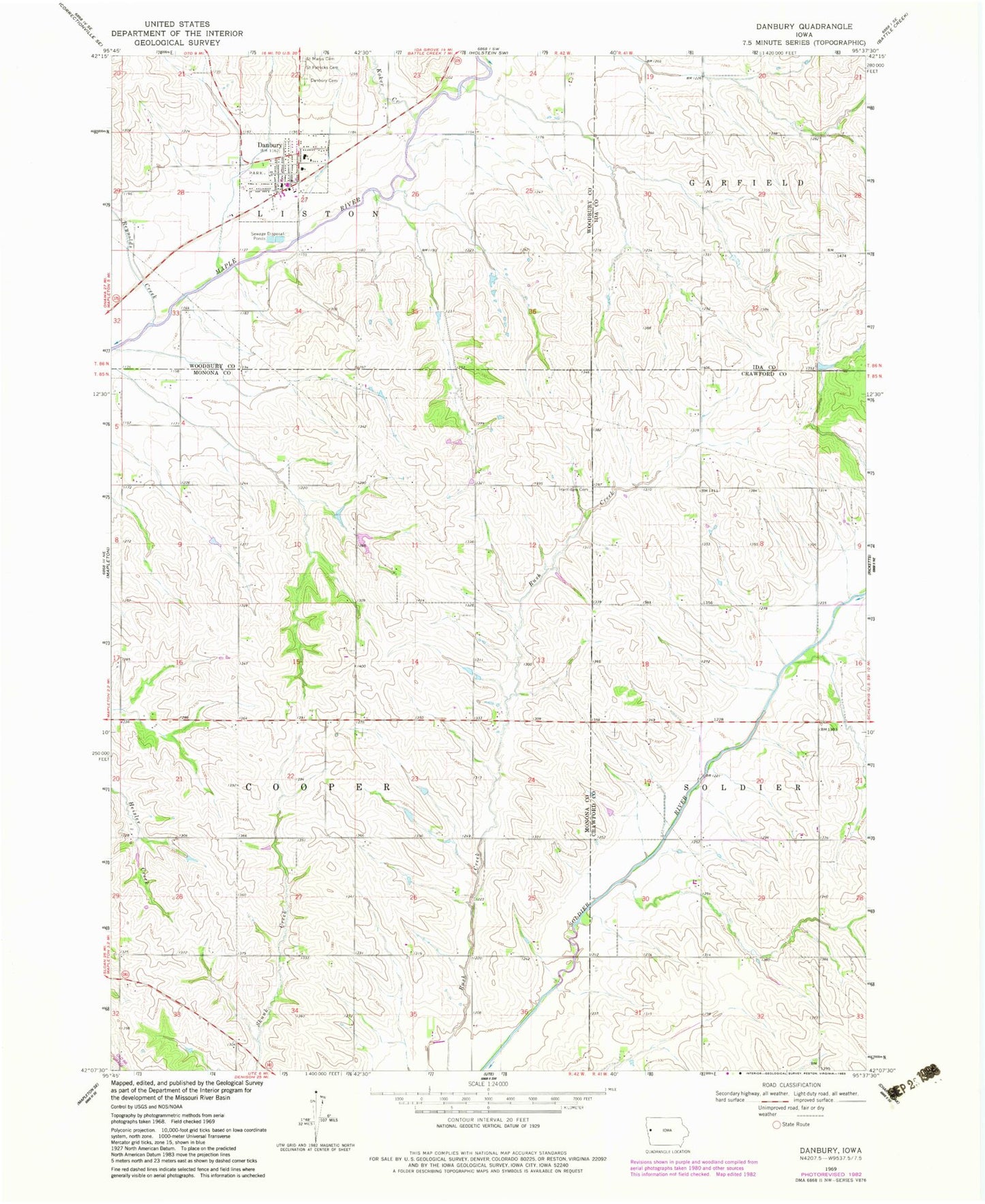 Classic USGS Danbury Iowa 7.5'x7.5' Topo Map Image