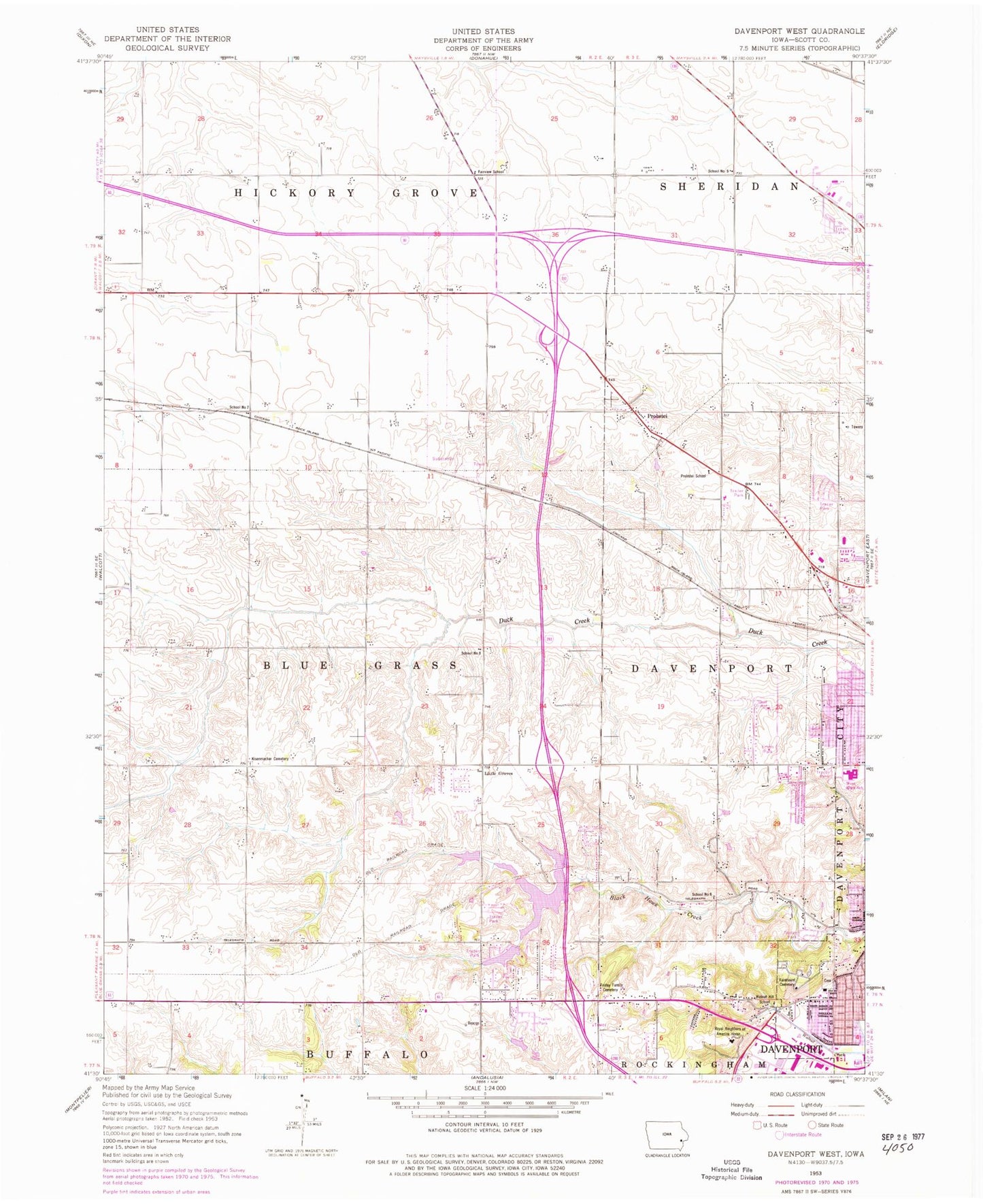Classic USGS Davenport West Iowa 7.5'x7.5' Topo Map Image