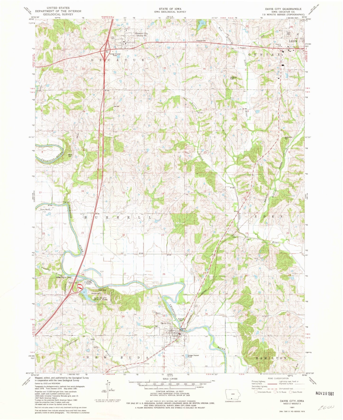 Classic USGS Davis City Iowa 7.5'x7.5' Topo Map Image