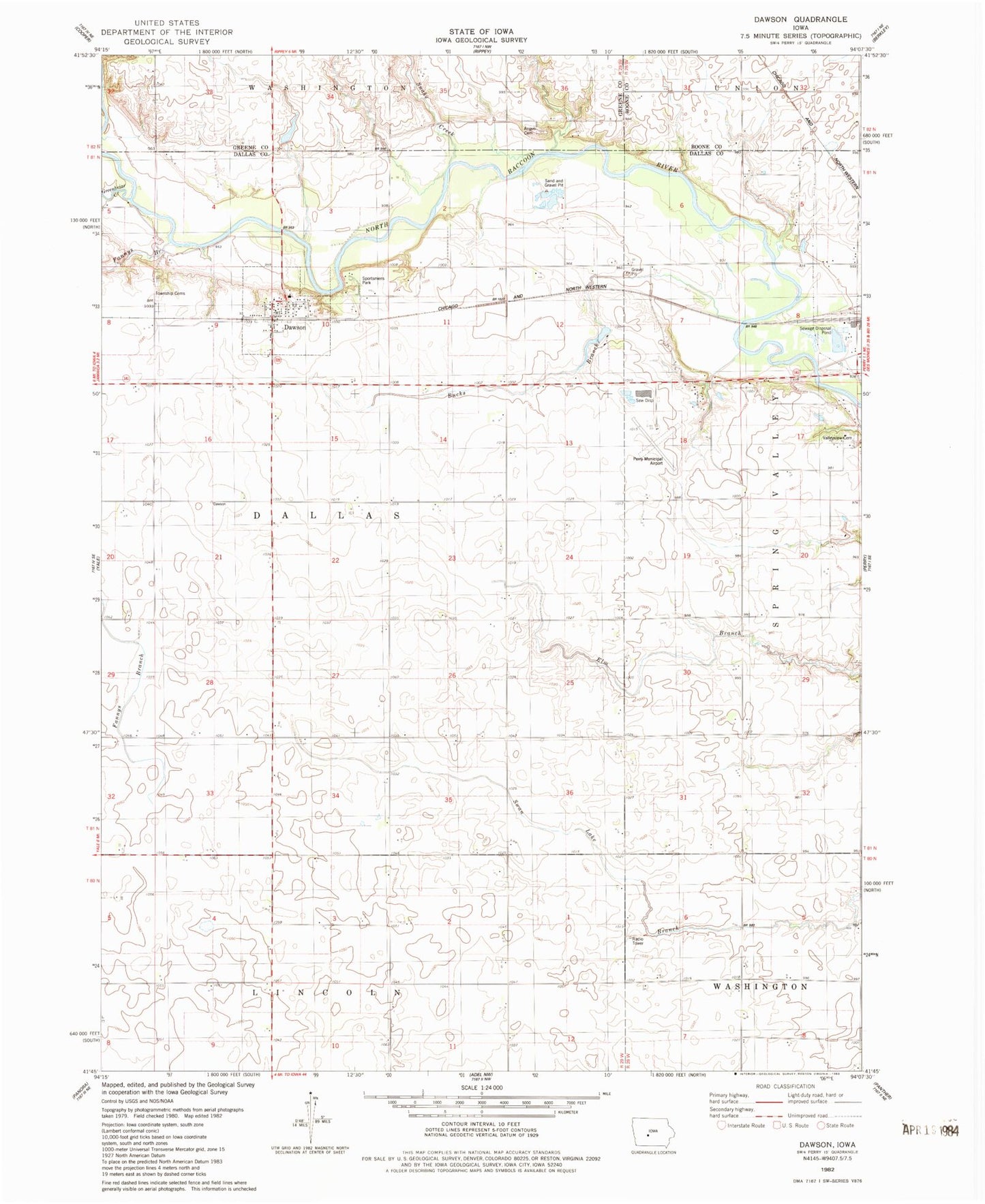 Classic USGS Dawson Iowa 7.5'x7.5' Topo Map Image
