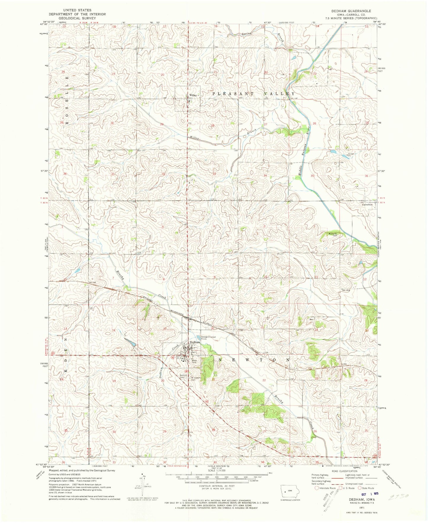Classic USGS Dedham Iowa 7.5'x7.5' Topo Map Image