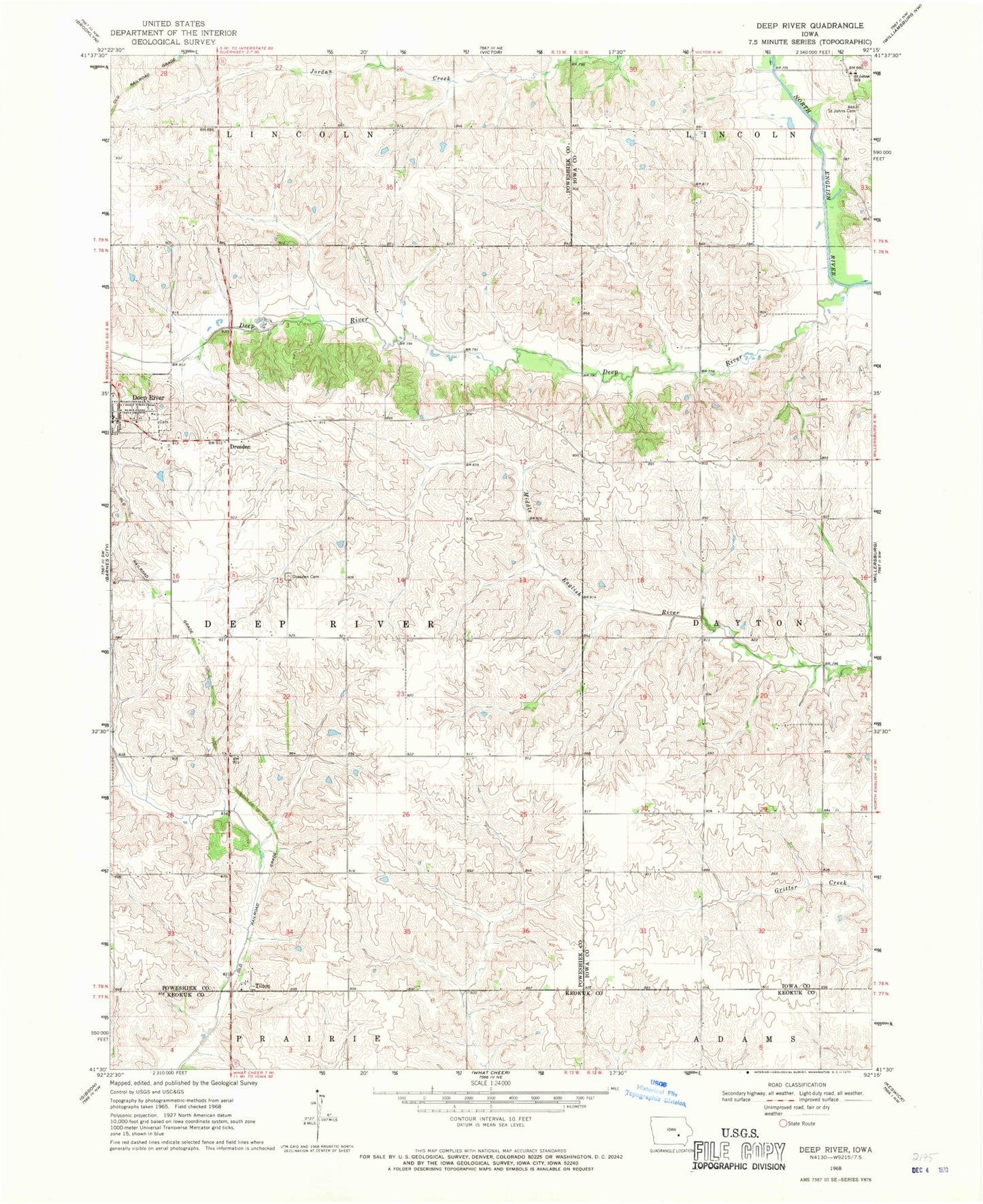 Classic USGS Deep River Iowa 7.5'x7.5' Topo Map Image