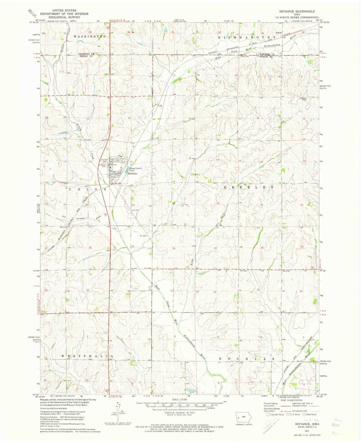 Classic USGS Defiance Iowa 7.5'x7.5' Topo Map Image