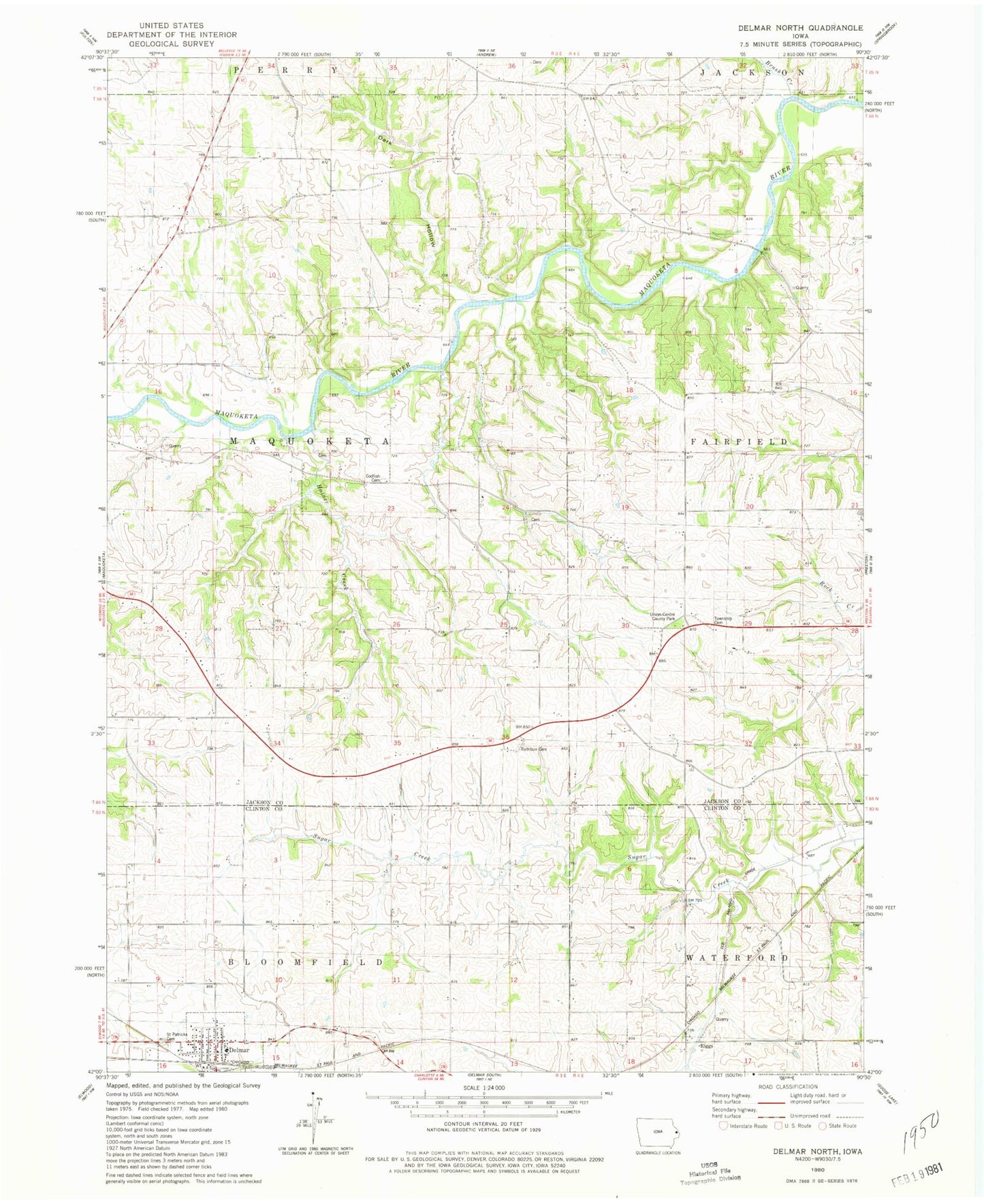 Classic USGS Delmar North Iowa 7.5'x7.5' Topo Map Image