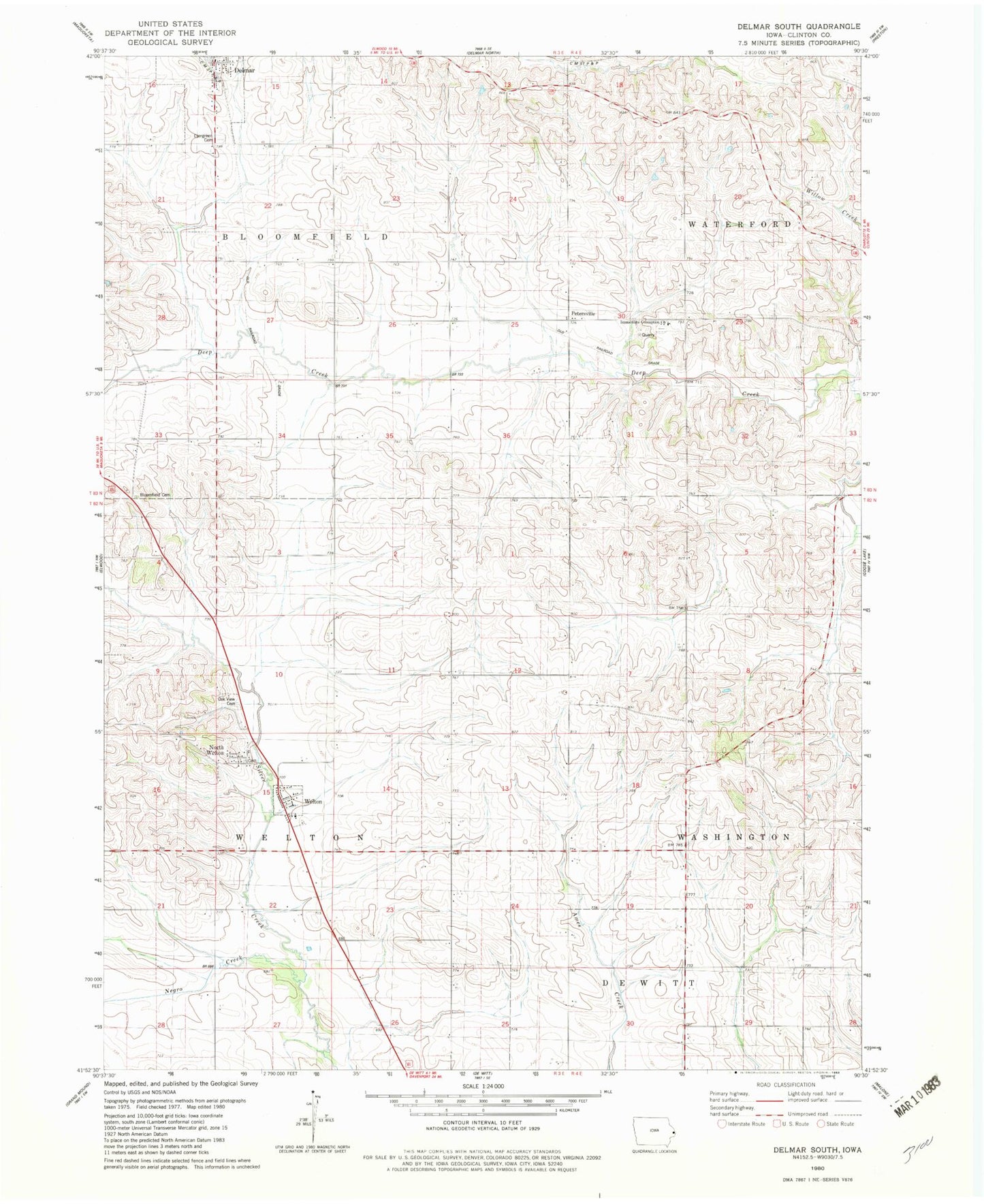 Classic USGS Delmar South Iowa 7.5'x7.5' Topo Map Image
