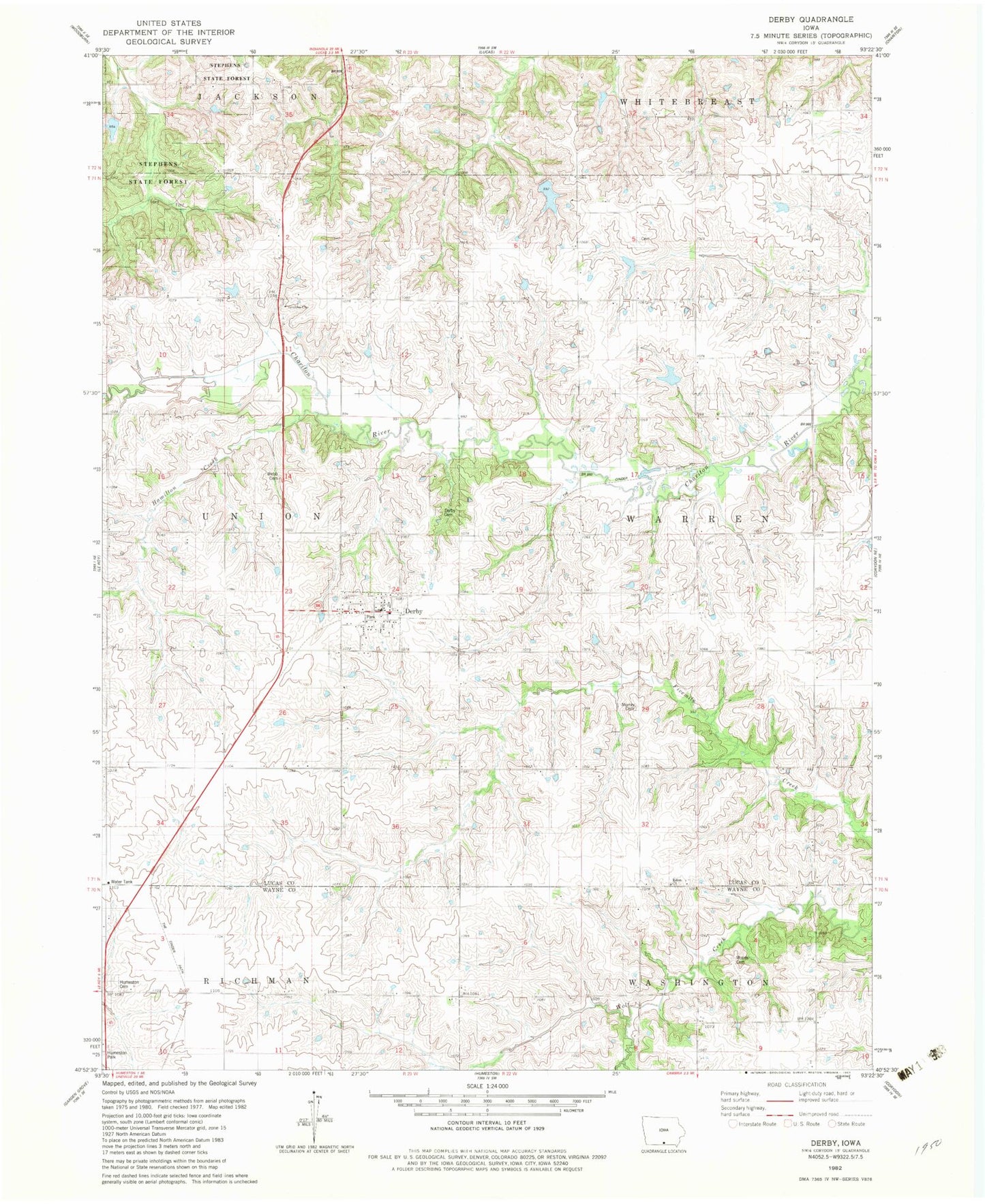 Classic USGS Derby Iowa 7.5'x7.5' Topo Map Image