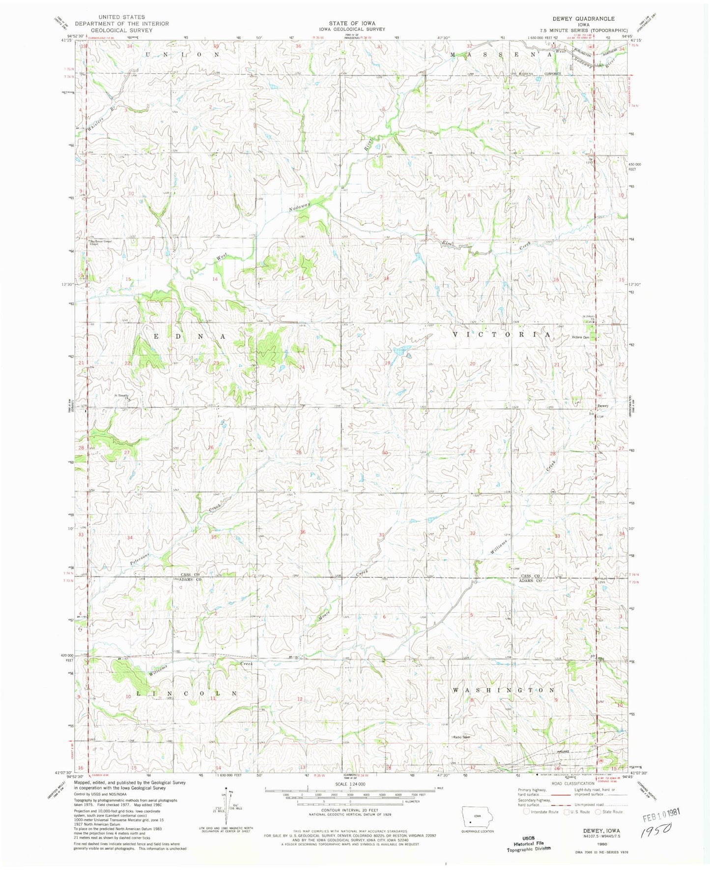 Classic USGS Dewey Iowa 7.5'x7.5' Topo Map Image