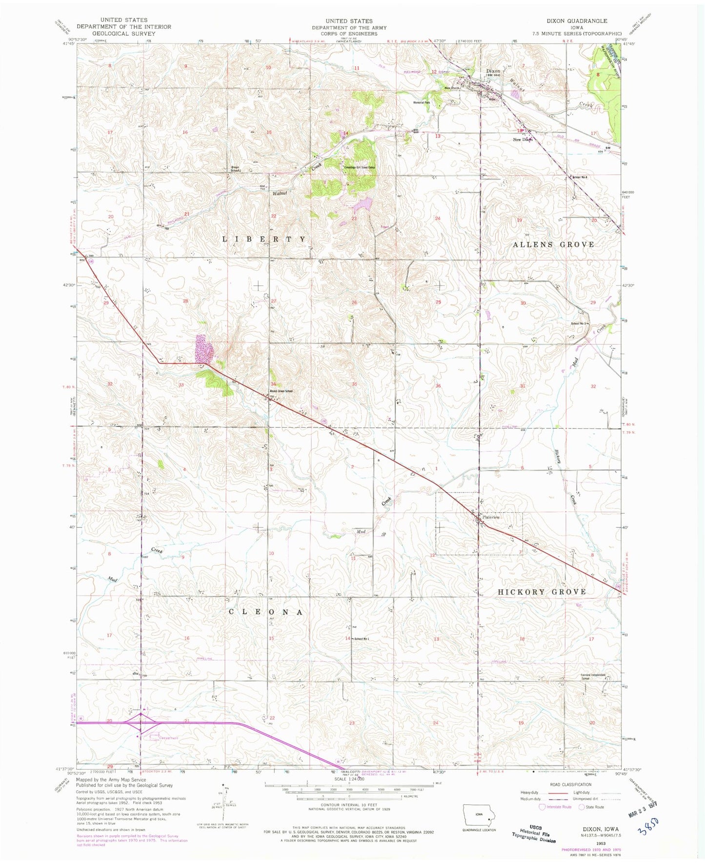 Classic USGS Dixon Iowa 7.5'x7.5' Topo Map Image