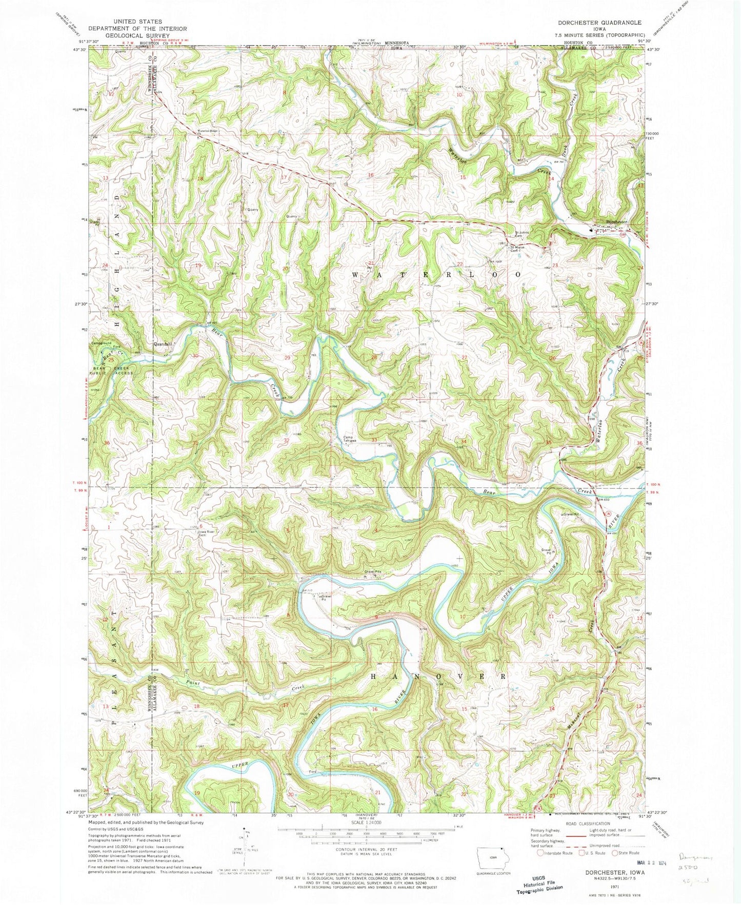 Classic USGS Dorchester Iowa 7.5'x7.5' Topo Map Image