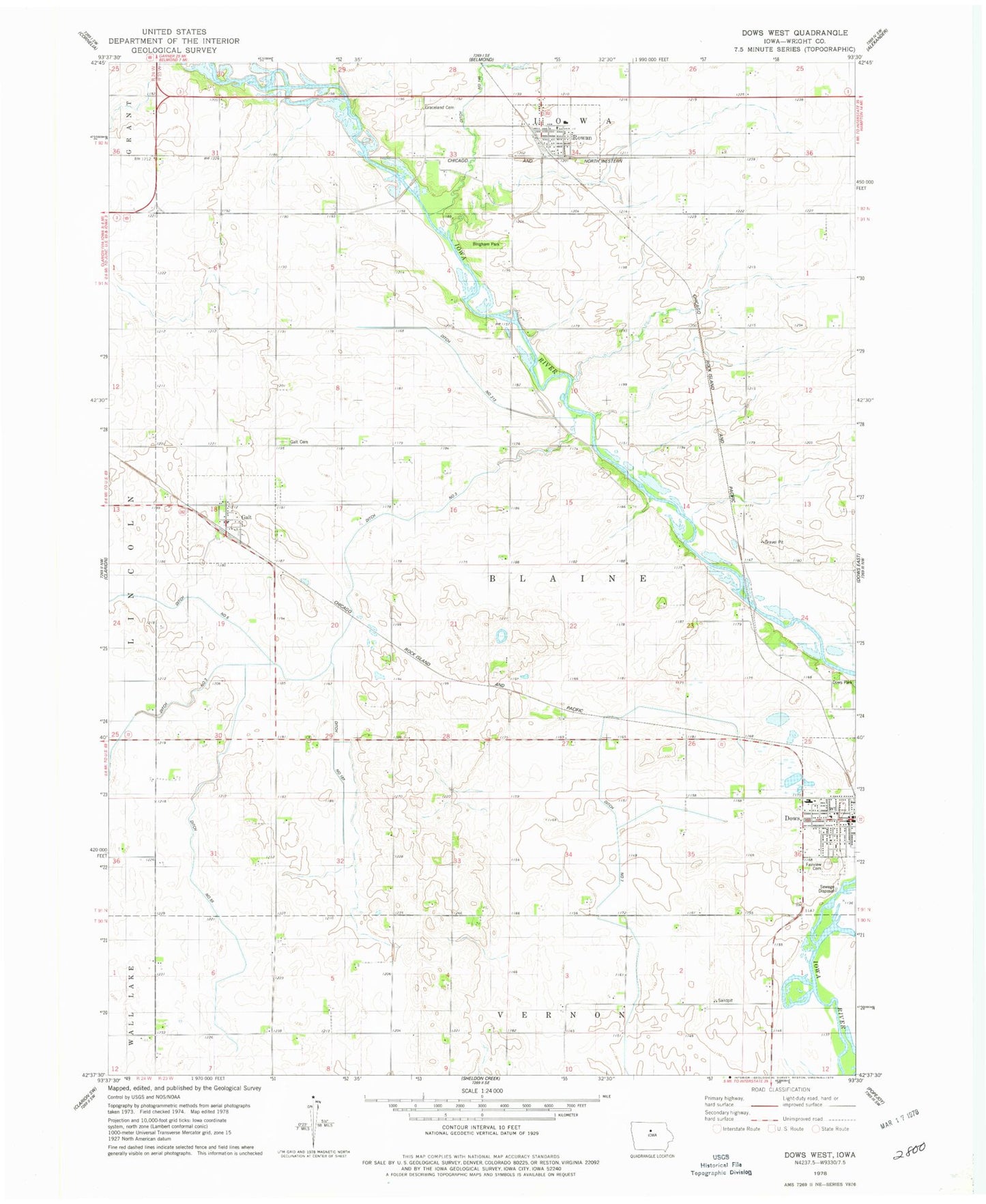 Classic USGS Dows West Iowa 7.5'x7.5' Topo Map Image