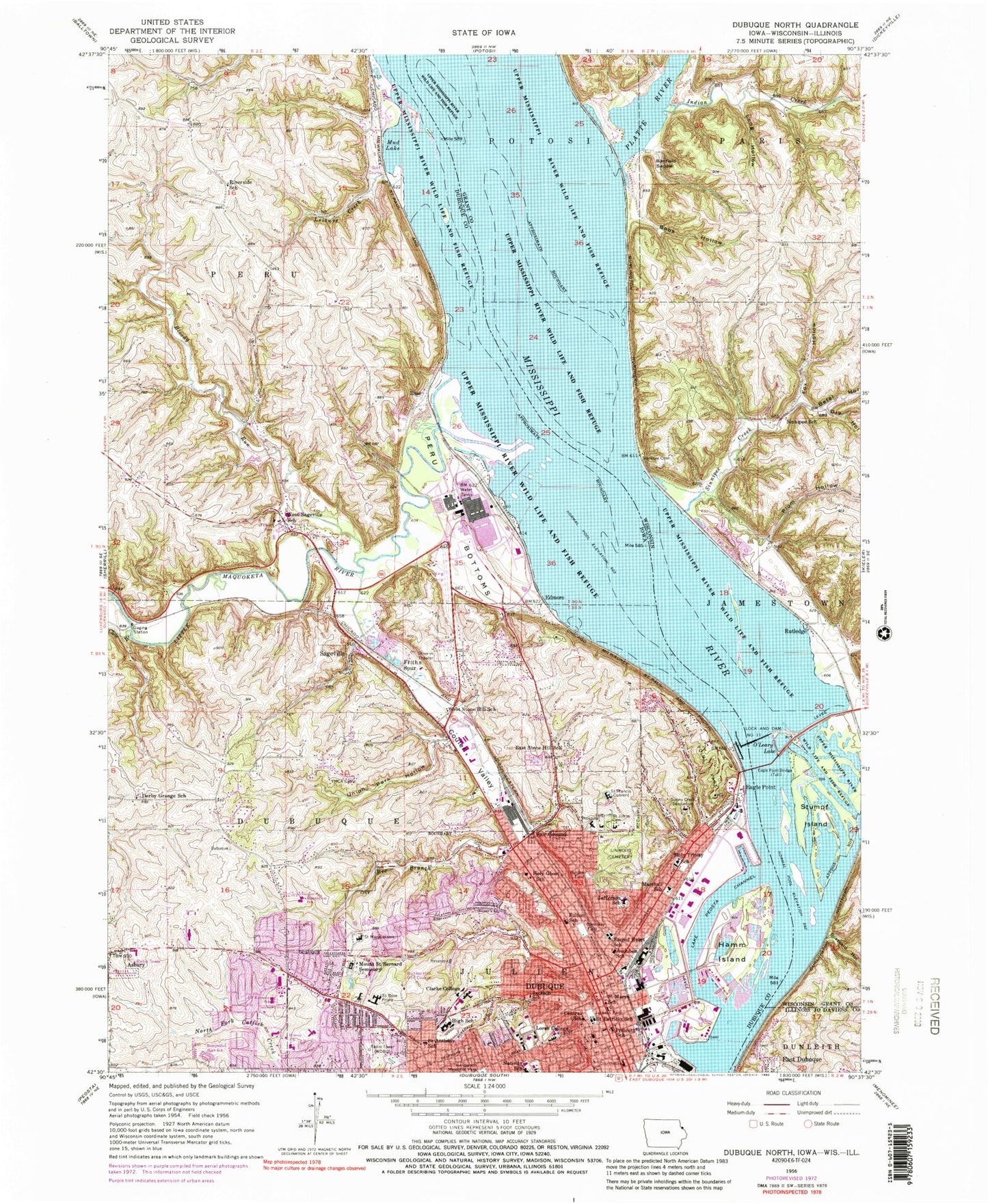 Classic USGS Dubuque North Iowa 7.5'x7.5' Topo Map Image