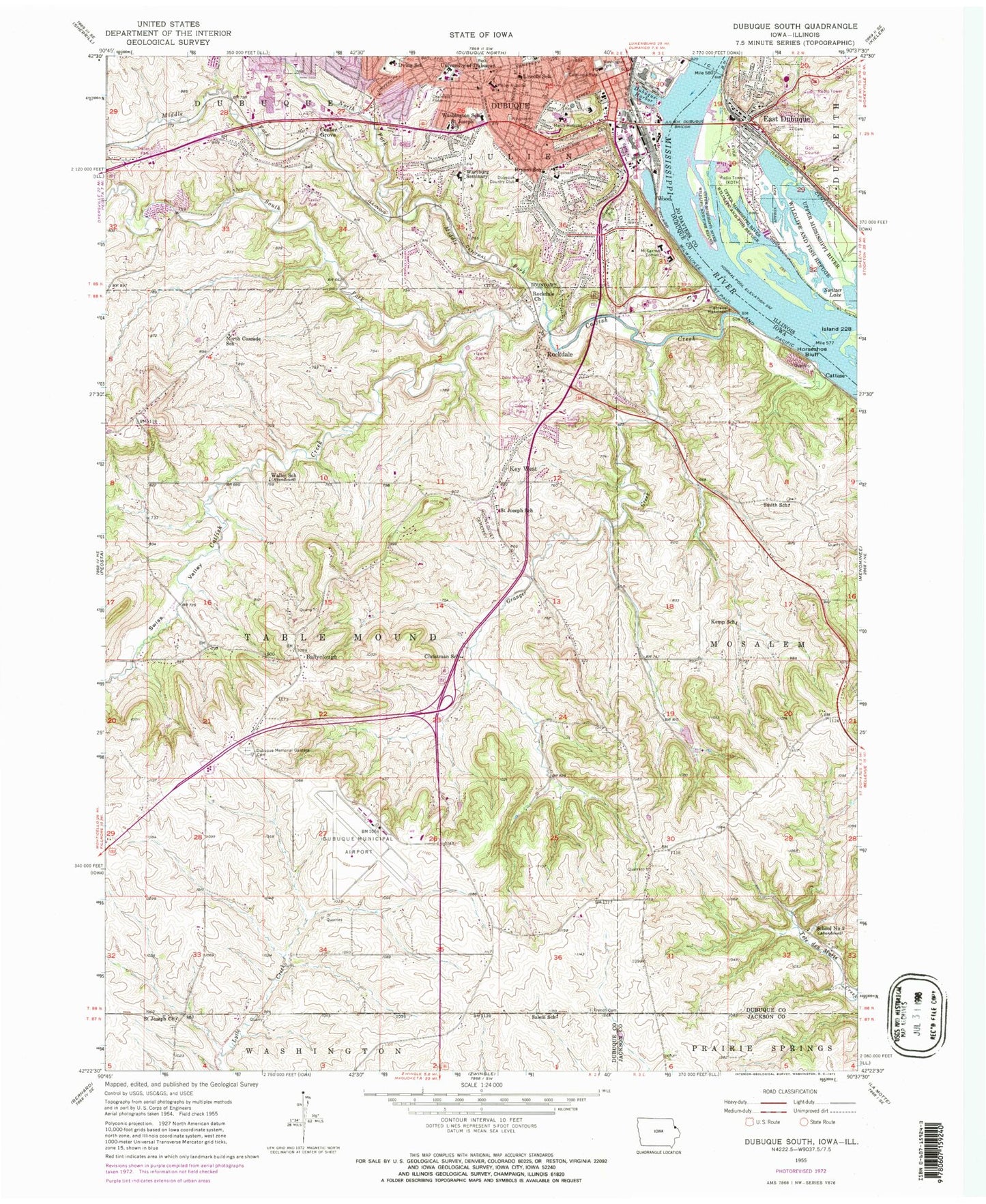 Classic USGS Dubuque South Iowa 7.5'x7.5' Topo Map Image