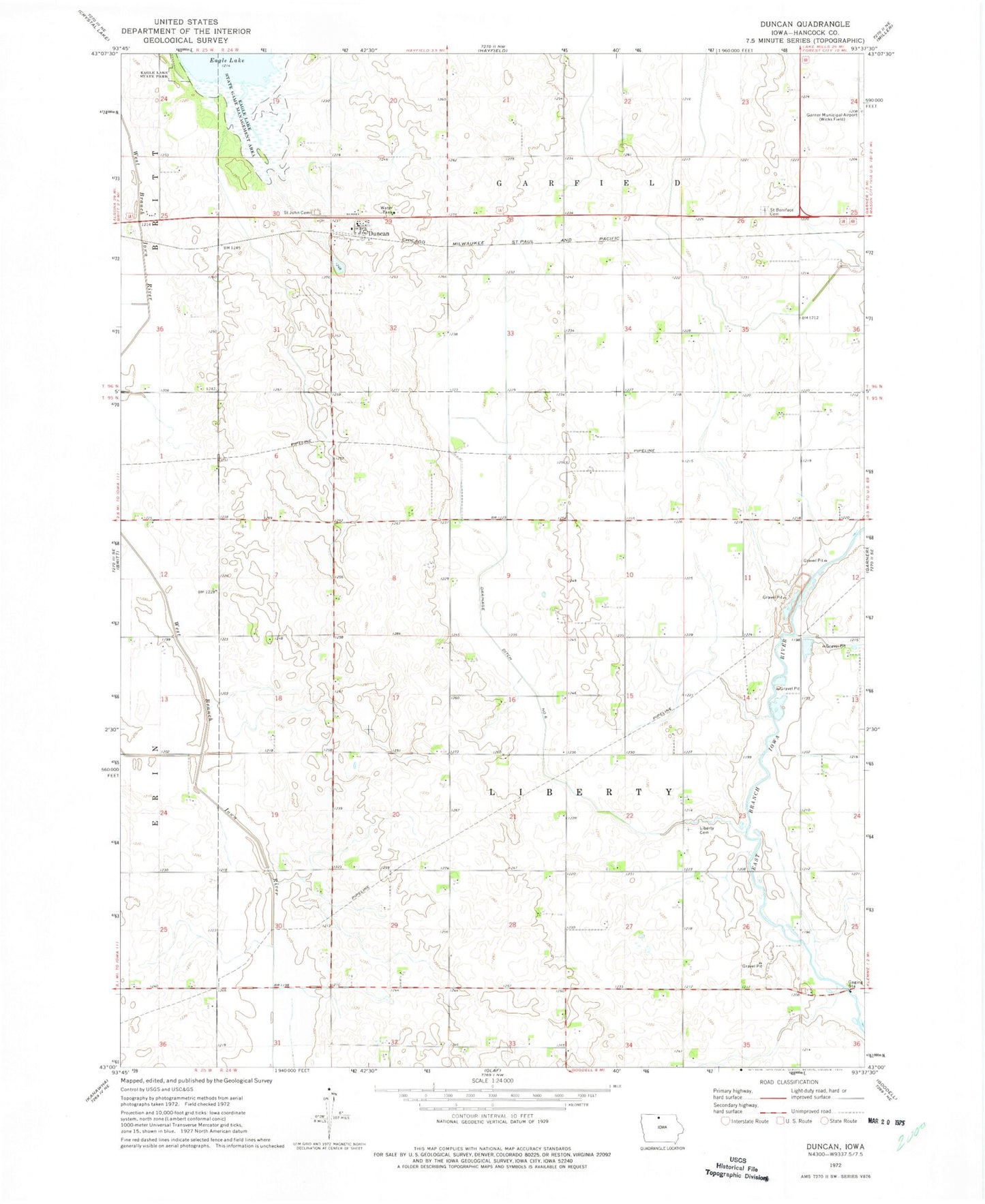 Classic USGS Duncan Iowa 7.5'x7.5' Topo Map Image