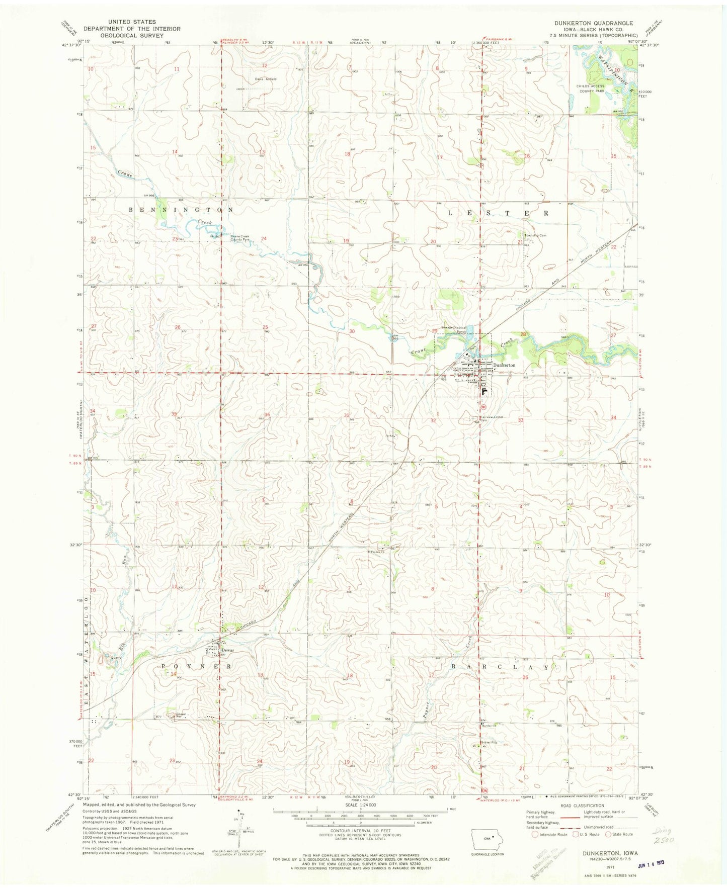 Classic USGS Dunkerton Iowa 7.5'x7.5' Topo Map Image