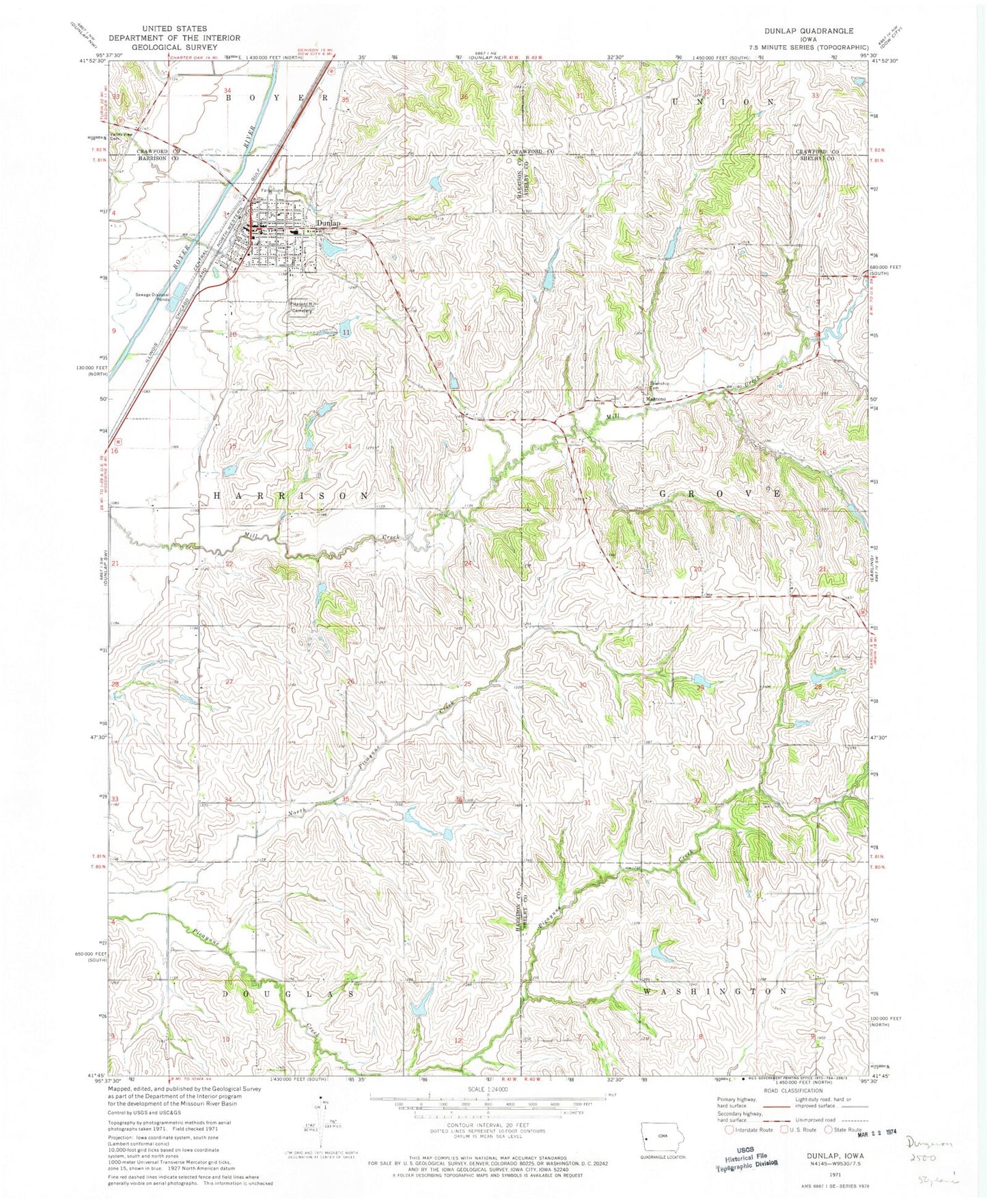 Classic USGS Dunlap Iowa 7.5'x7.5' Topo Map Image