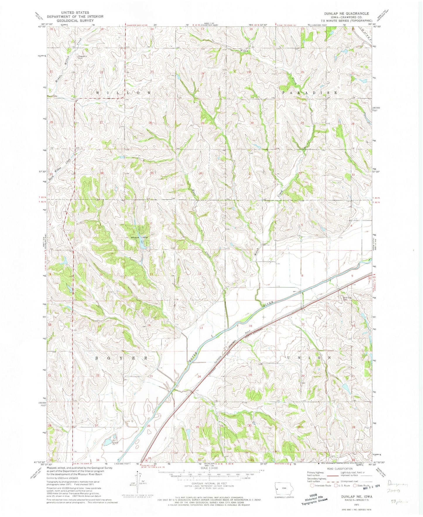 Classic USGS Dunlap NE Iowa 7.5'x7.5' Topo Map Image