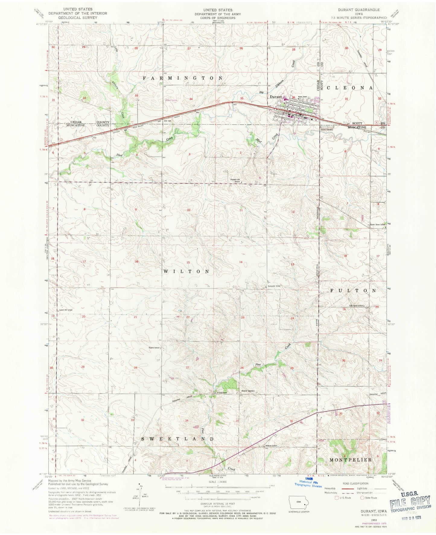 Classic USGS Durant Iowa 7.5'x7.5' Topo Map Image