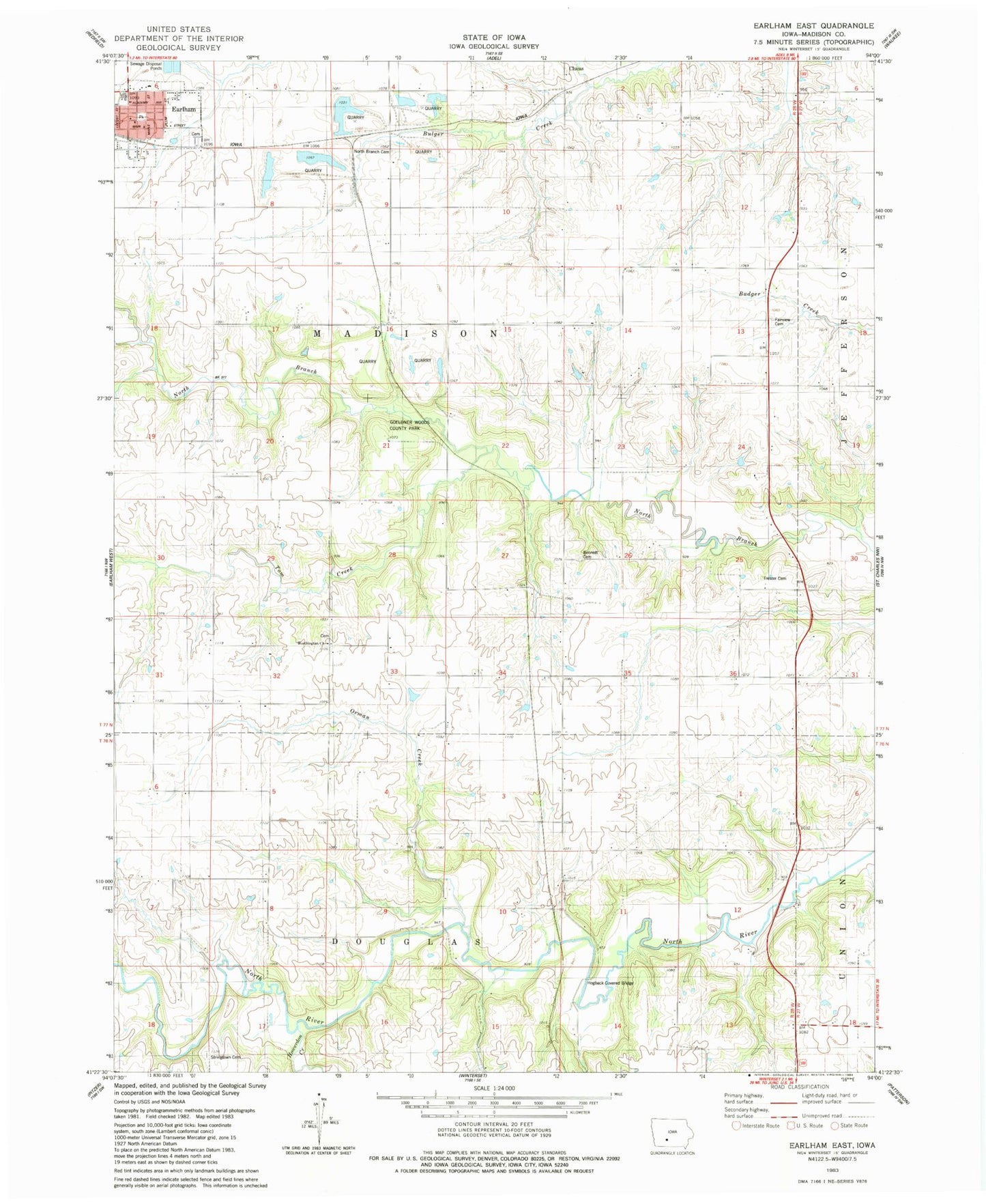 Classic USGS Earlham East Iowa 7.5'x7.5' Topo Map Image