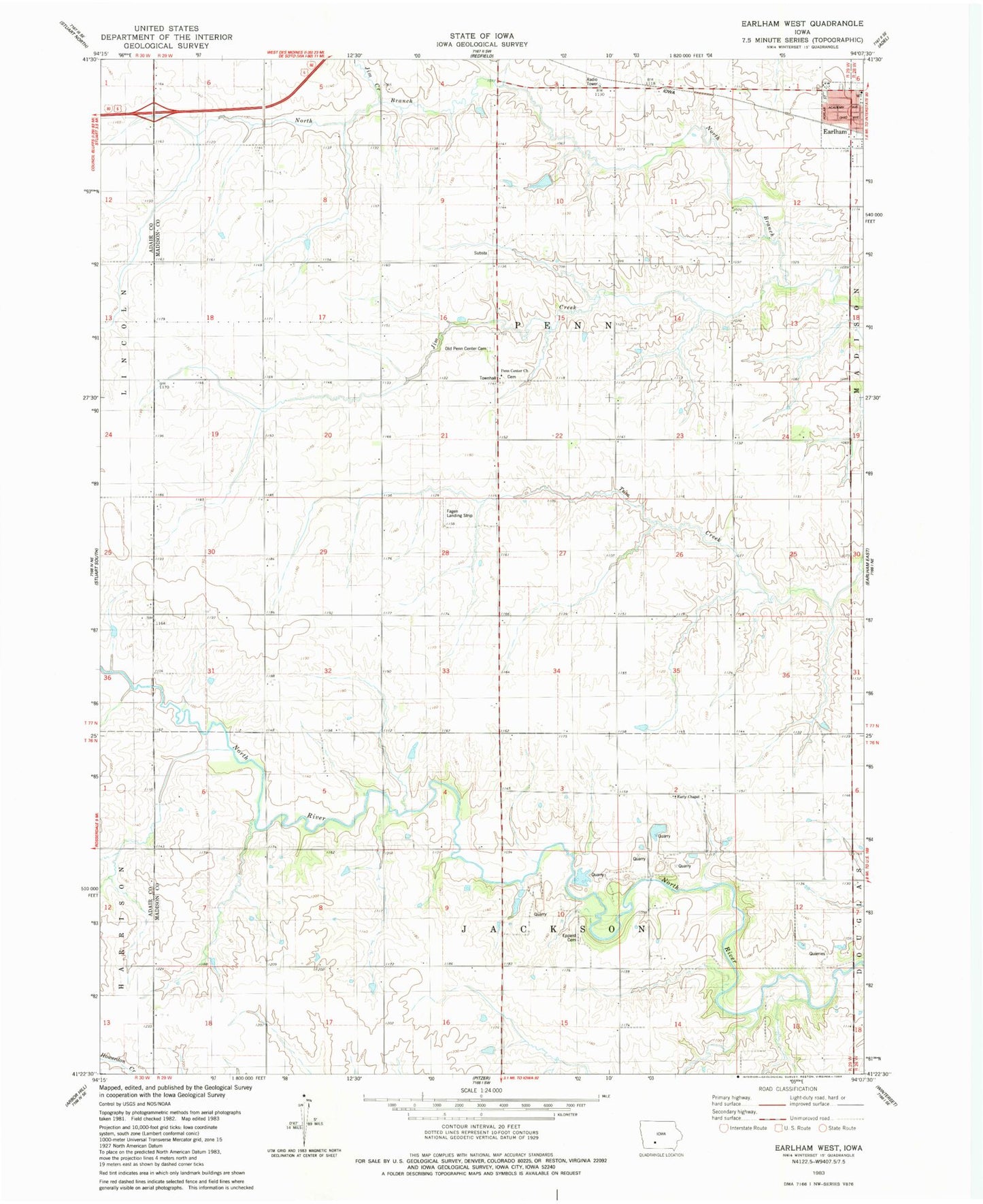 Classic USGS Earlham West Iowa 7.5'x7.5' Topo Map Image