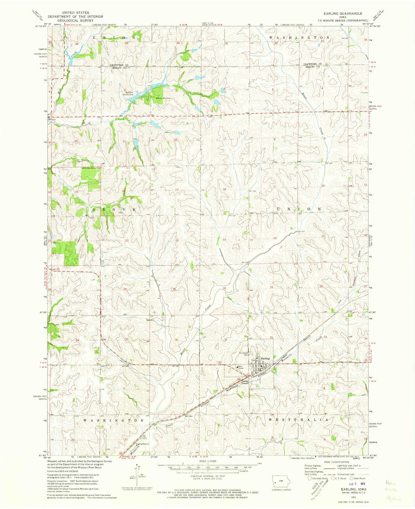 Classic USGS Earling Iowa 7.5'x7.5' Topo Map Image