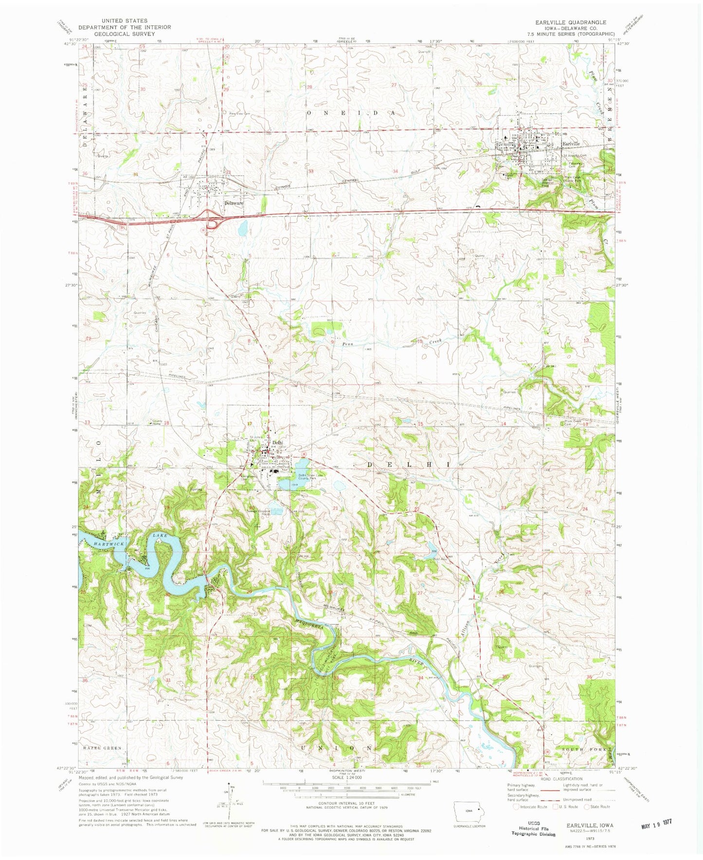 Classic USGS Earlville Iowa 7.5'x7.5' Topo Map Image