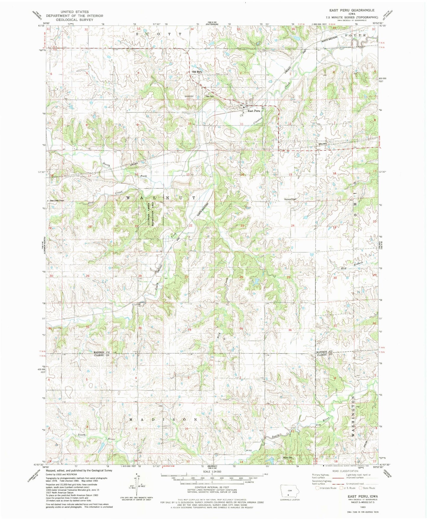 Classic USGS East Peru Iowa 7.5'x7.5' Topo Map Image