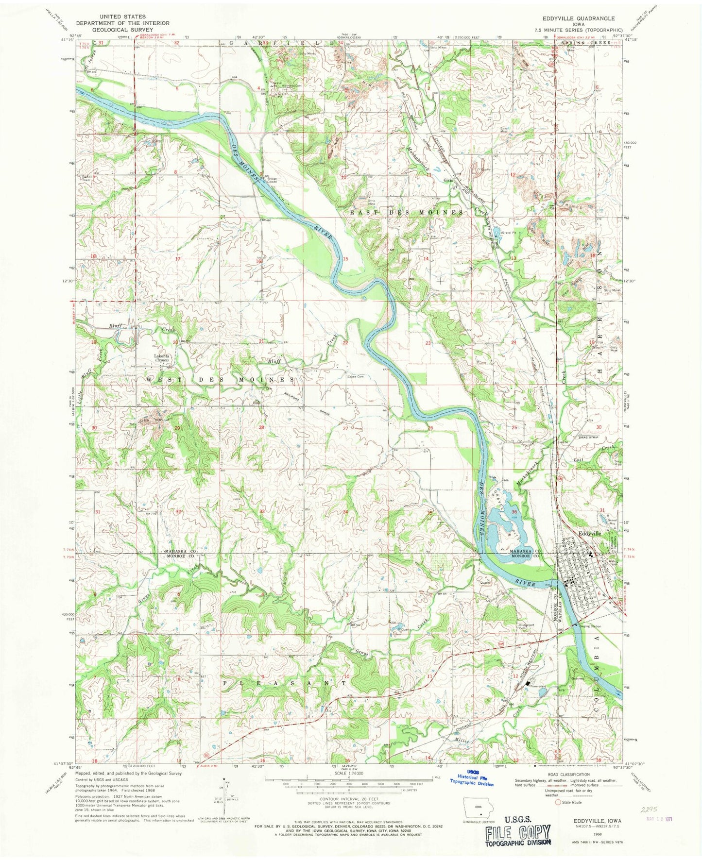 Classic USGS Eddyville Iowa 7.5'x7.5' Topo Map Image