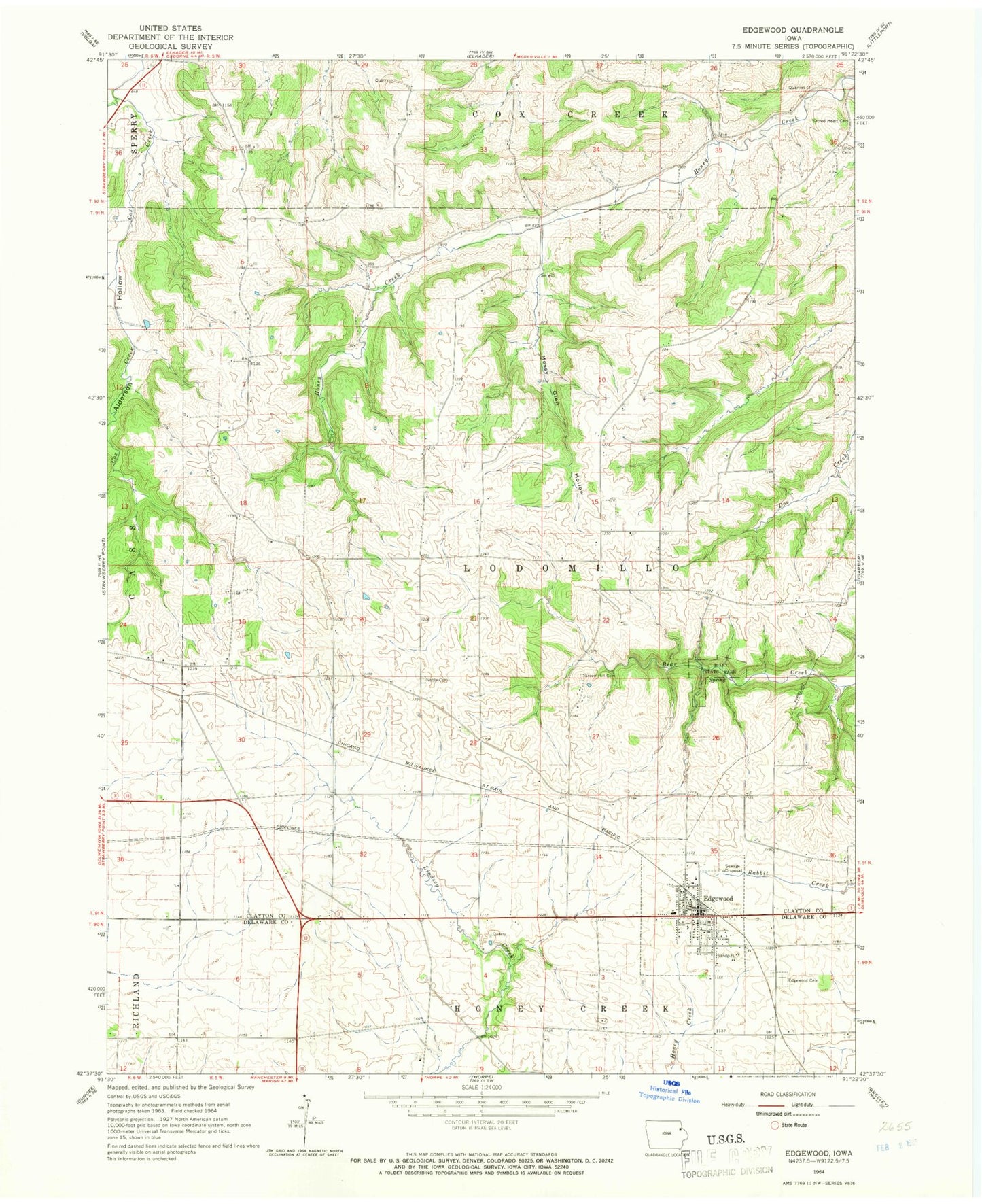Classic USGS Edgewood Iowa 7.5'x7.5' Topo Map Image