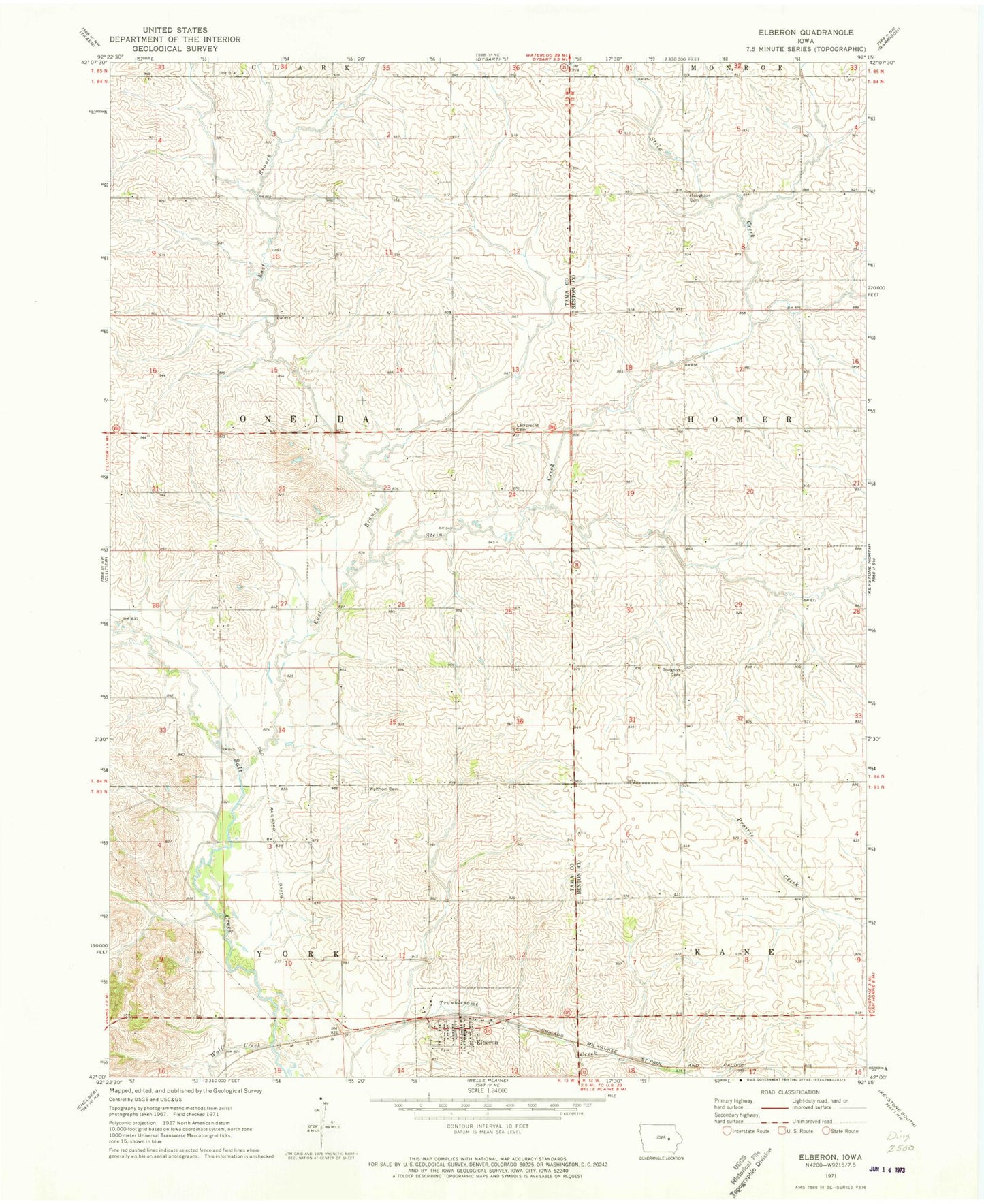 Classic USGS Elberon Iowa 7.5'x7.5' Topo Map Image