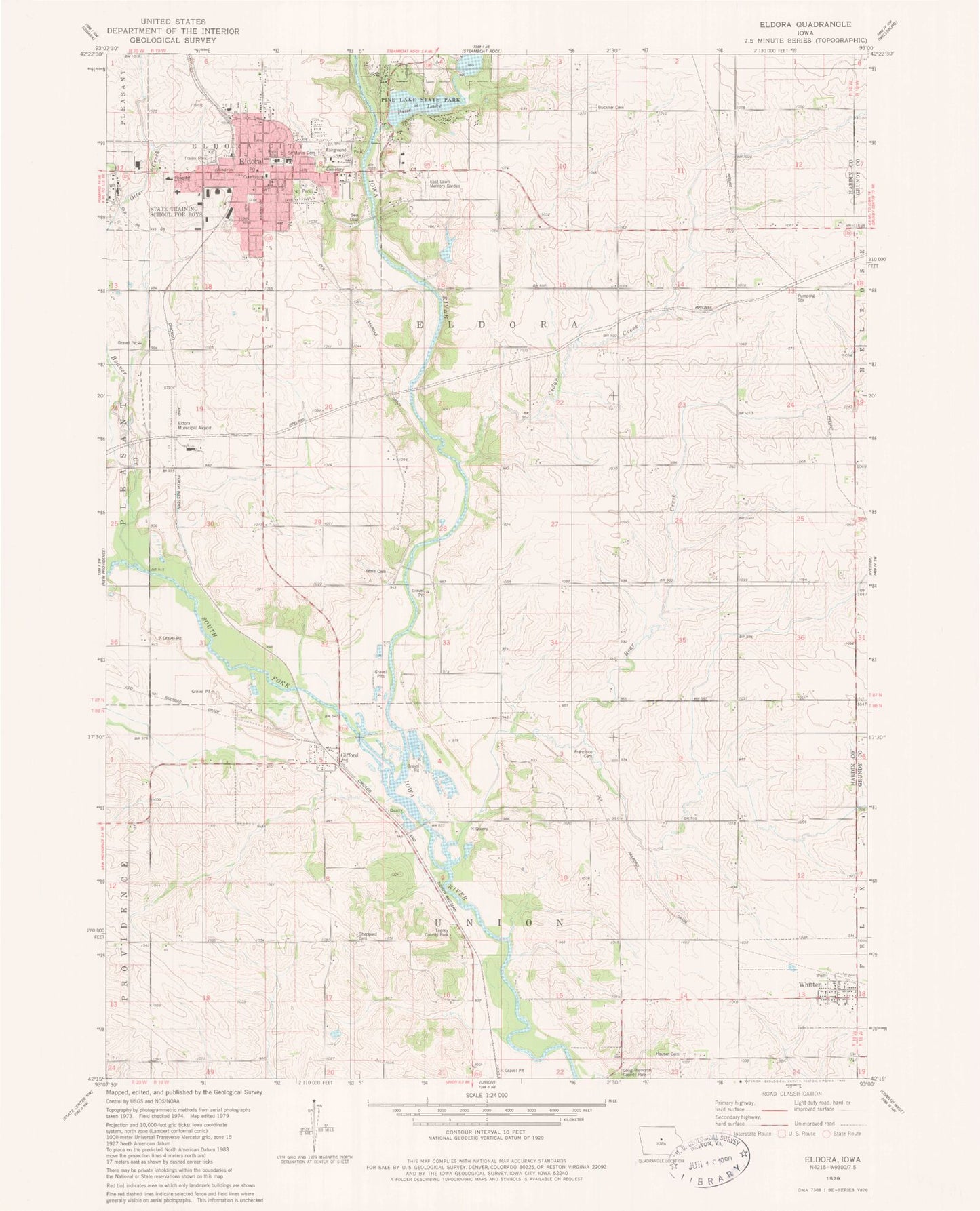 Classic USGS Eldora Iowa 7.5'x7.5' Topo Map Image