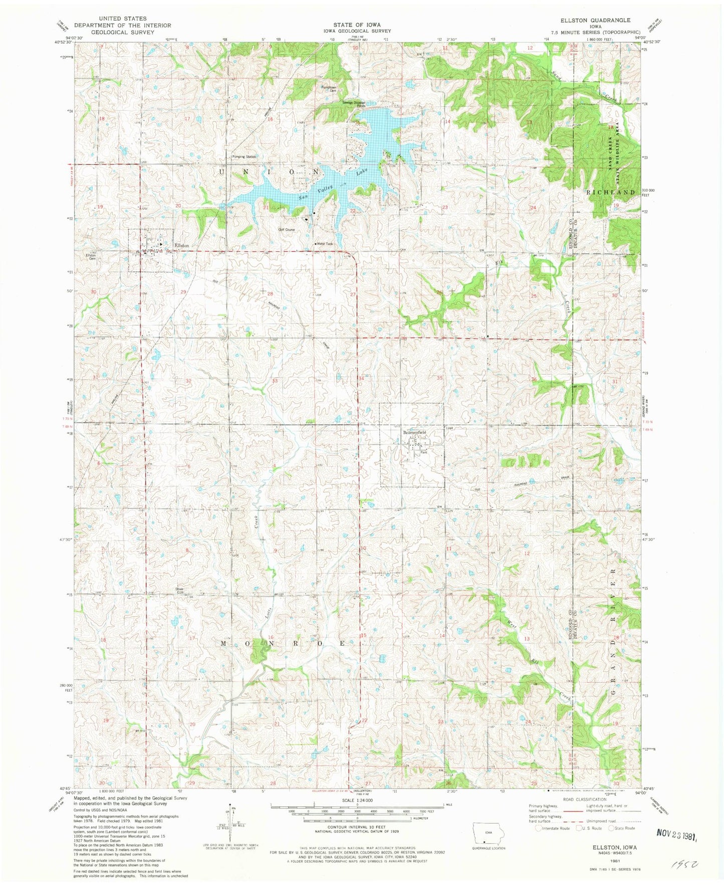 Classic USGS Ellston Iowa 7.5'x7.5' Topo Map Image