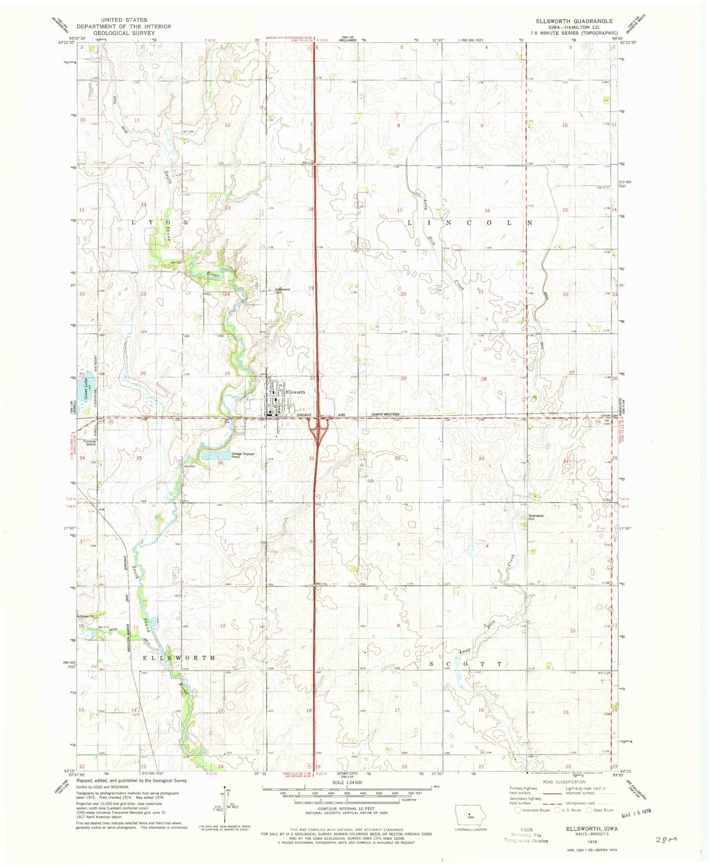 Classic USGS Ellsworth Iowa 7.5'x7.5' Topo Map Image