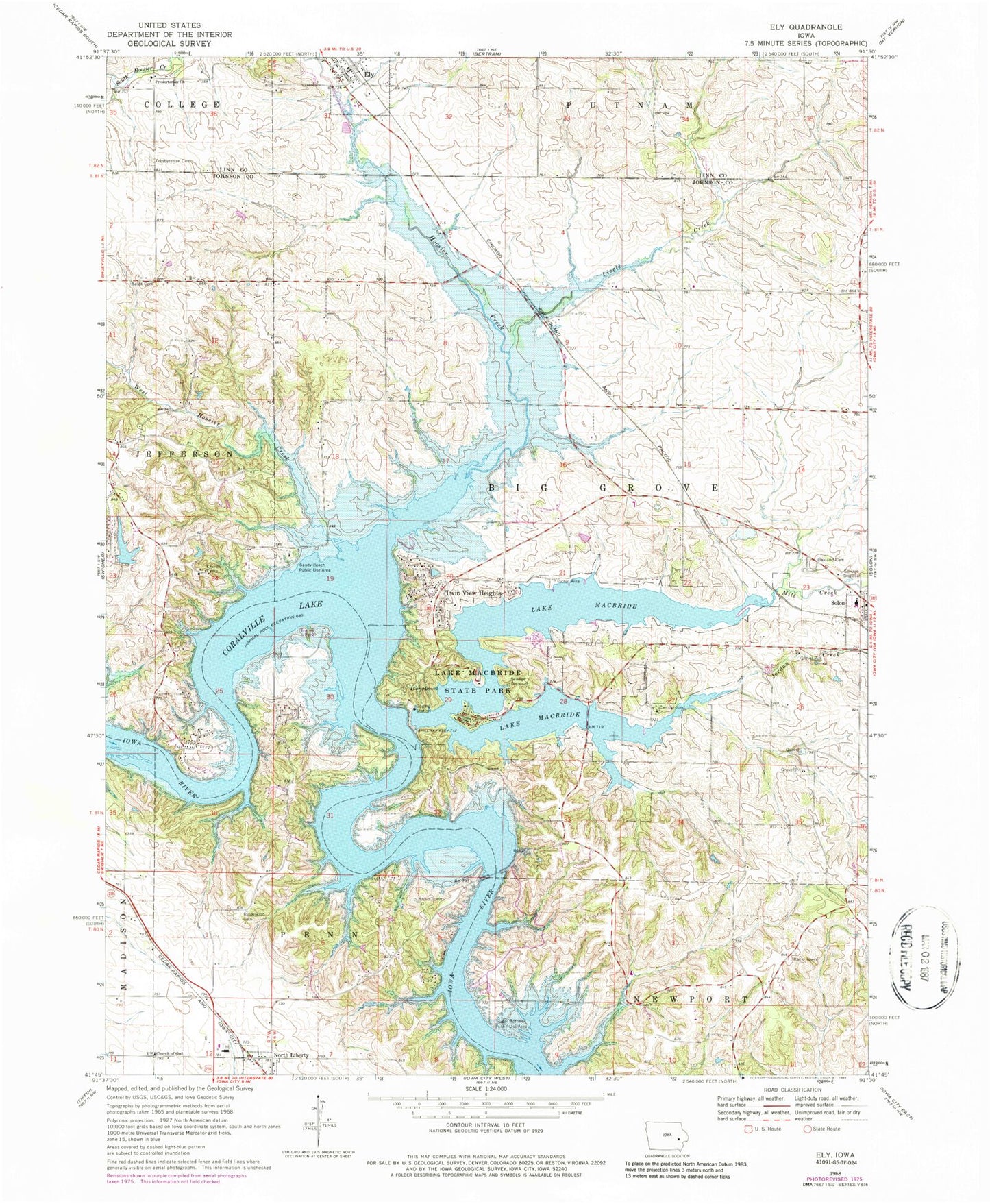 Classic USGS Ely Iowa 7.5'x7.5' Topo Map Image