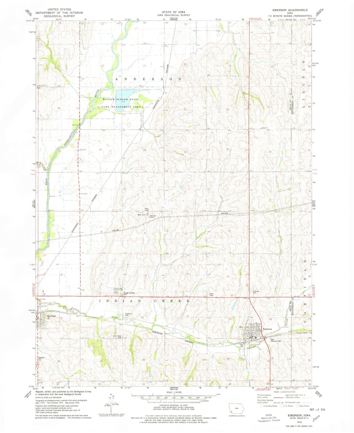 Classic USGS Emerson Iowa 7.5'x7.5' Topo Map Image
