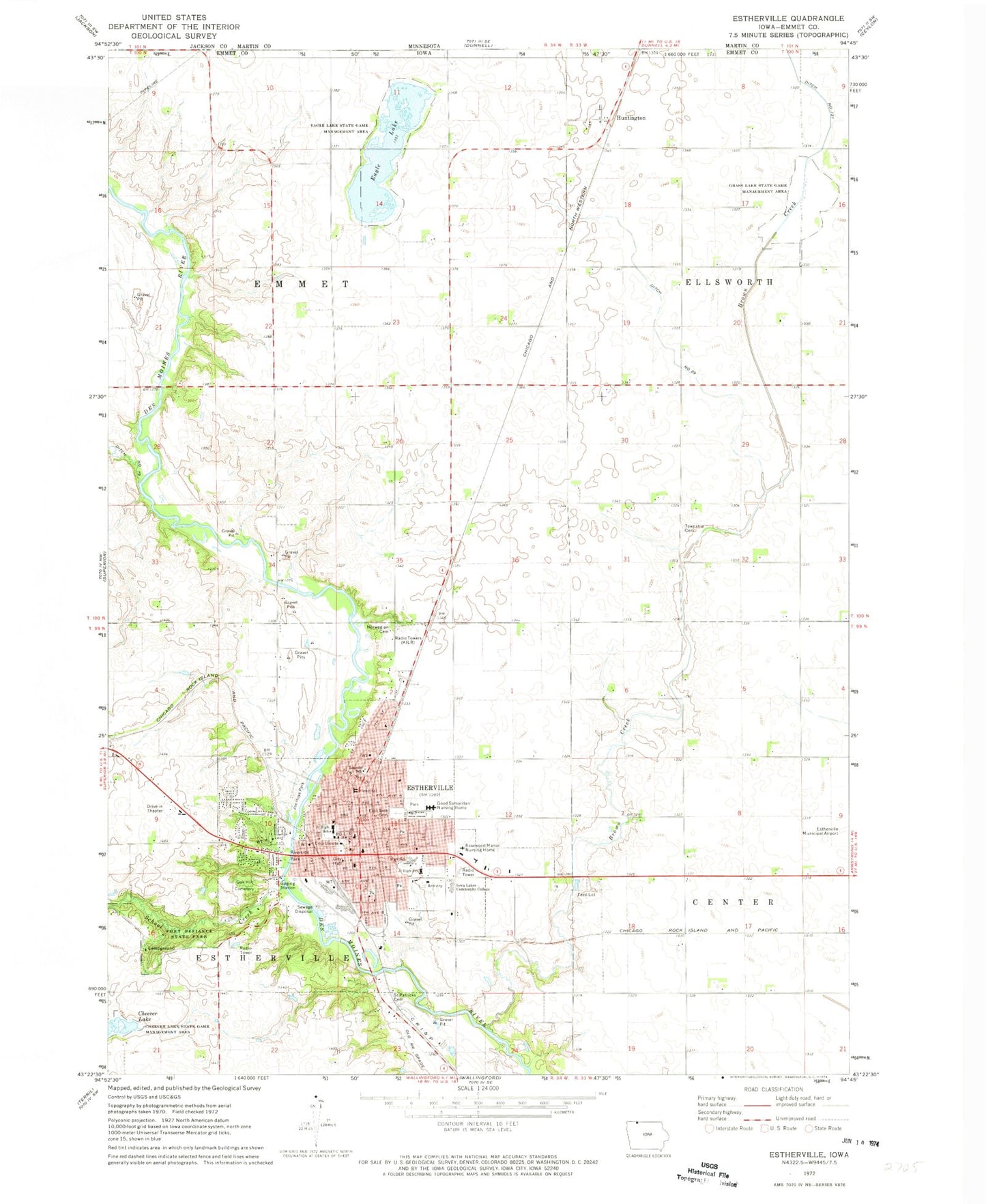 Classic USGS Estherville Iowa 7.5'x7.5' Topo Map Image