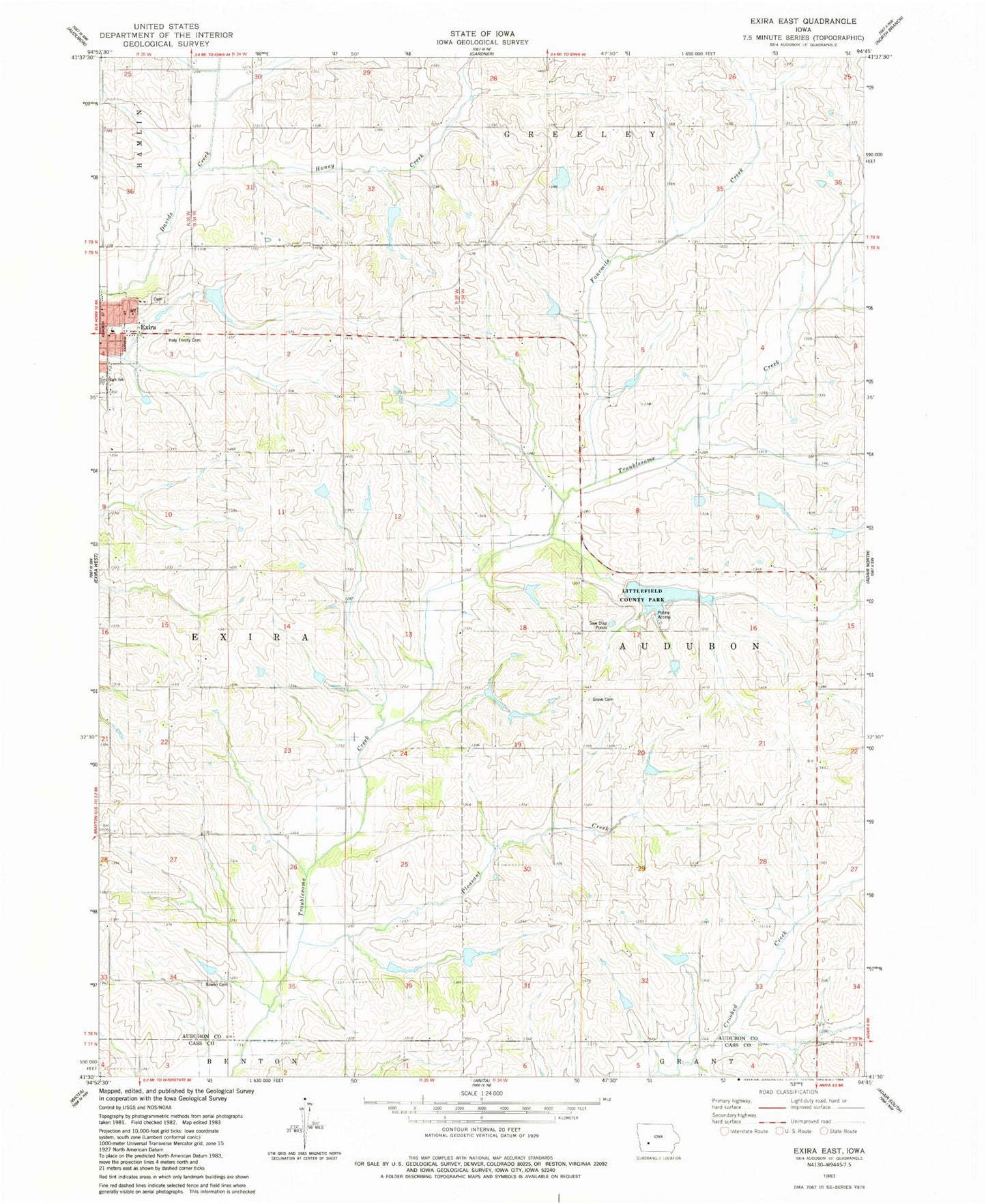 Classic USGS Exira East Iowa 7.5'x7.5' Topo Map Image