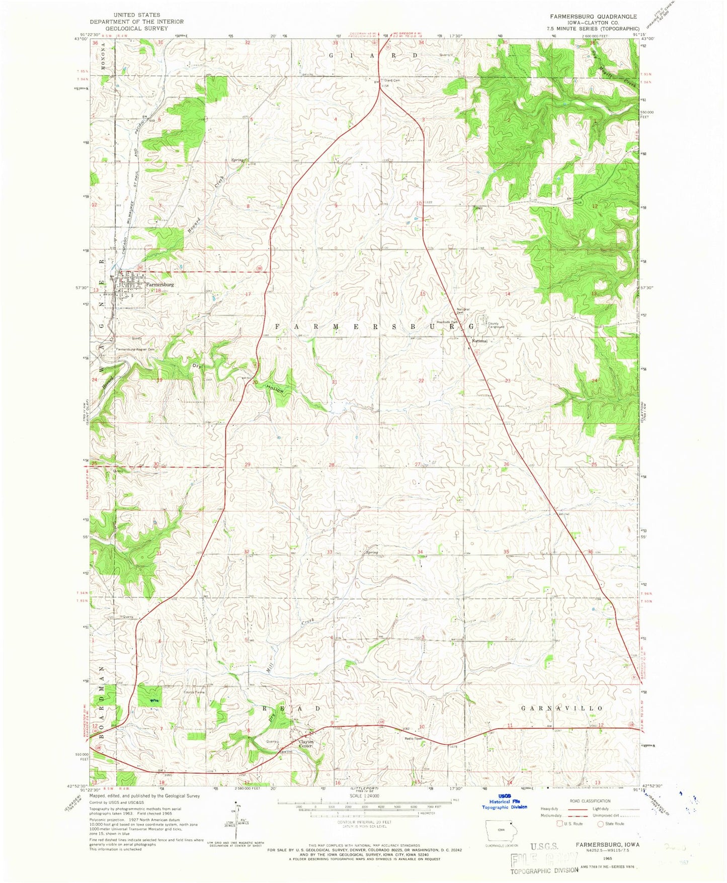 Classic USGS Farmersburg Iowa 7.5'x7.5' Topo Map Image