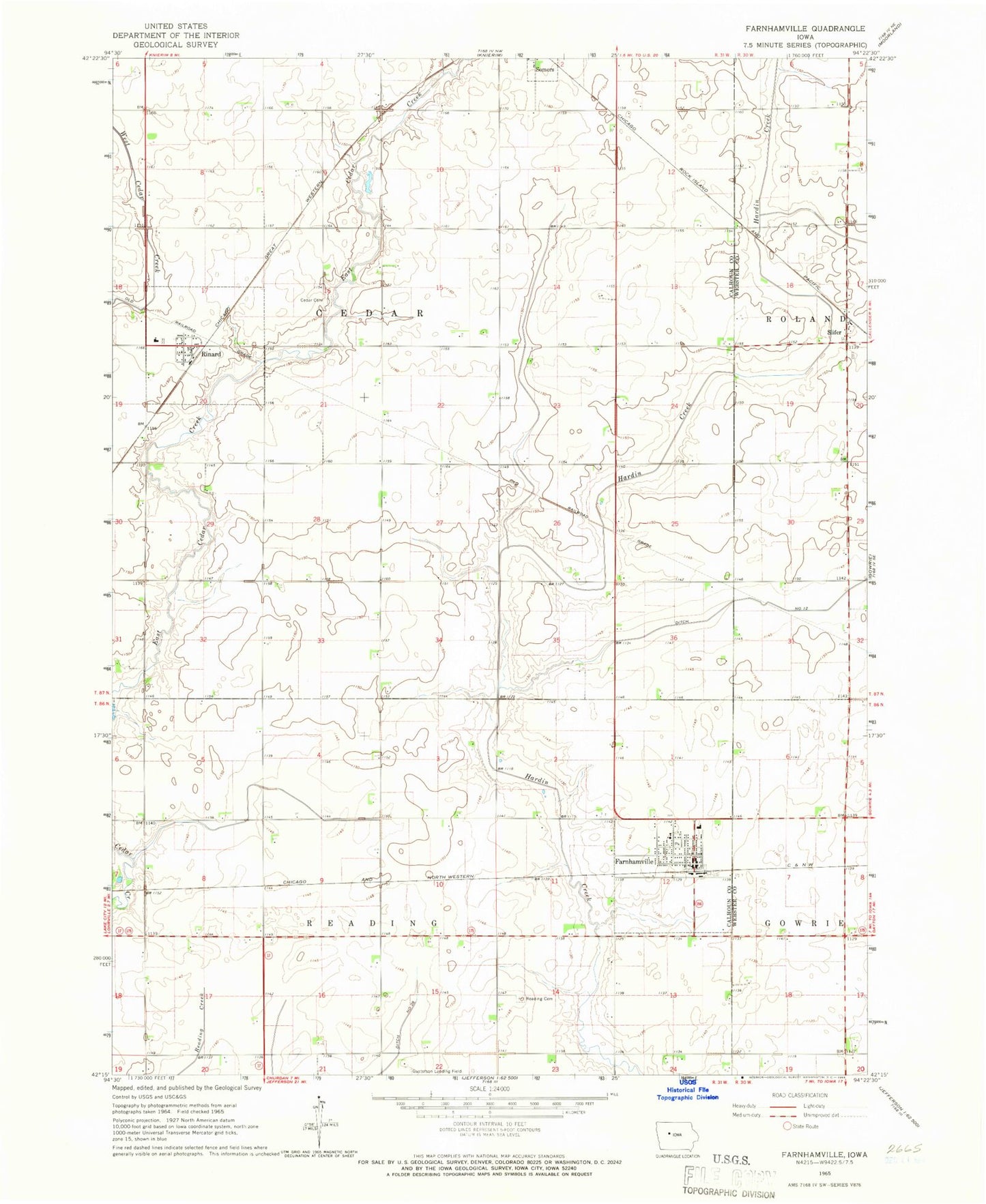 Classic USGS Farnhamville Iowa 7.5'x7.5' Topo Map Image