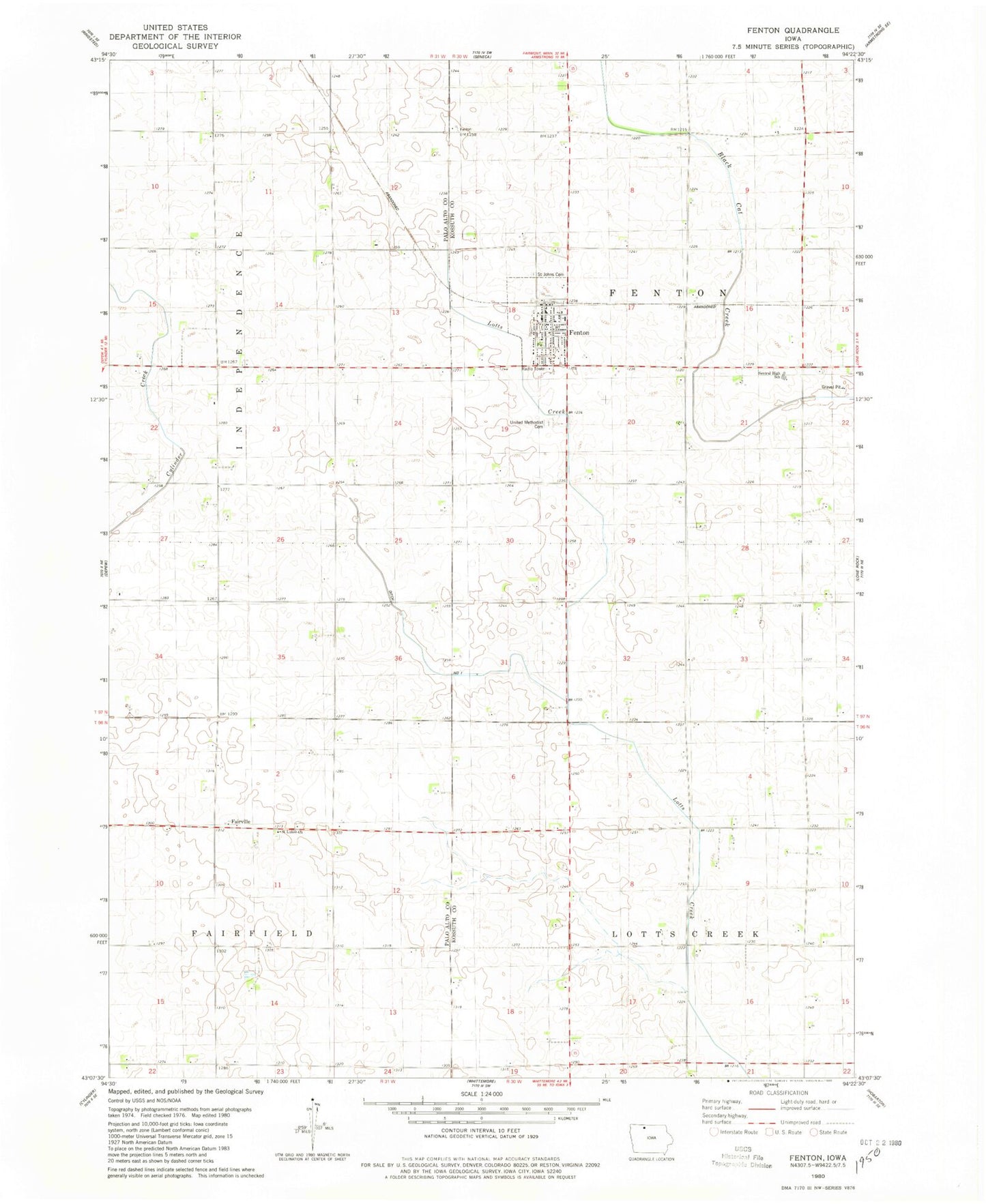 Classic USGS Fenton Iowa 7.5'x7.5' Topo Map Image
