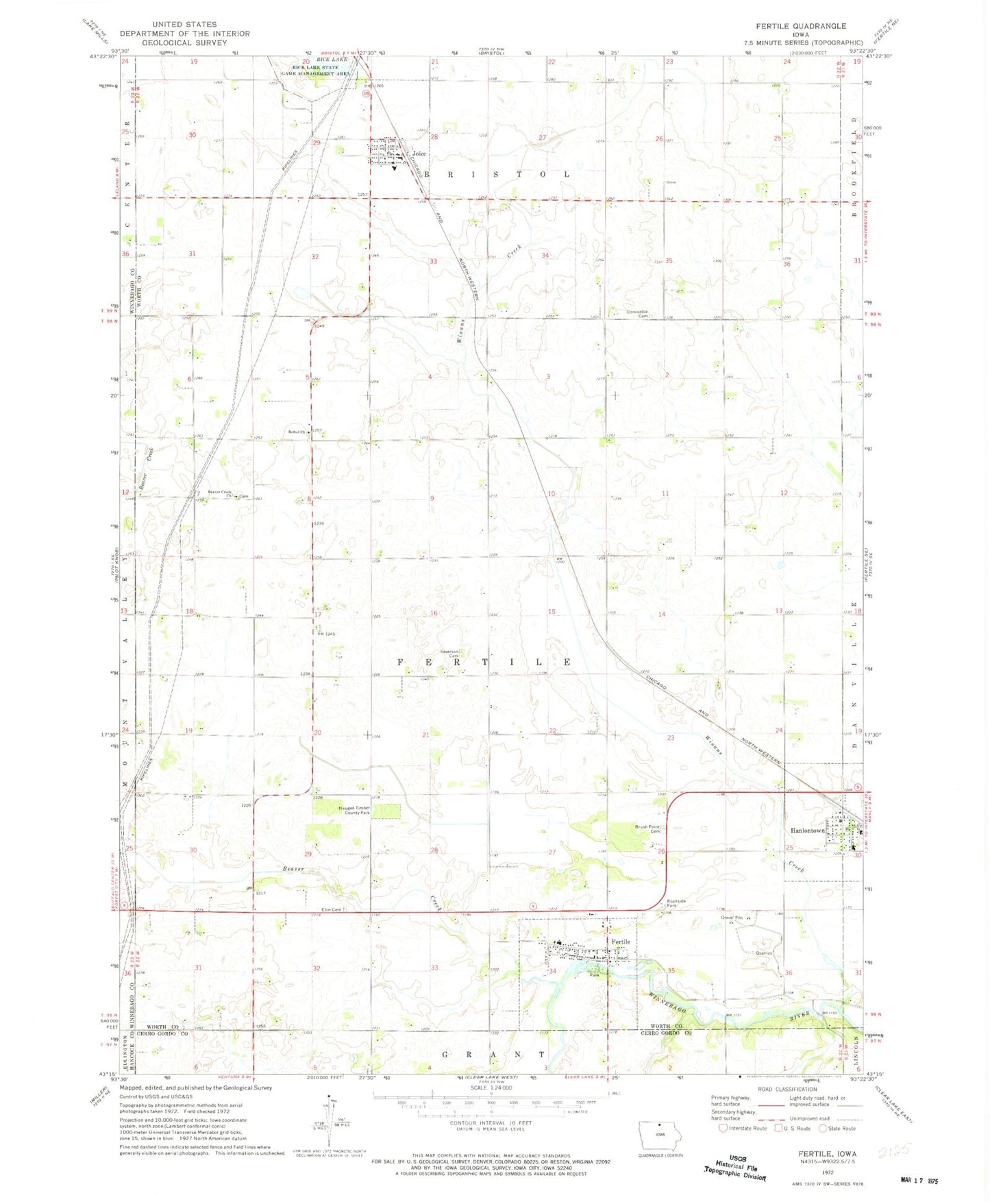 Classic USGS Fertile Iowa 7.5'x7.5' Topo Map Image