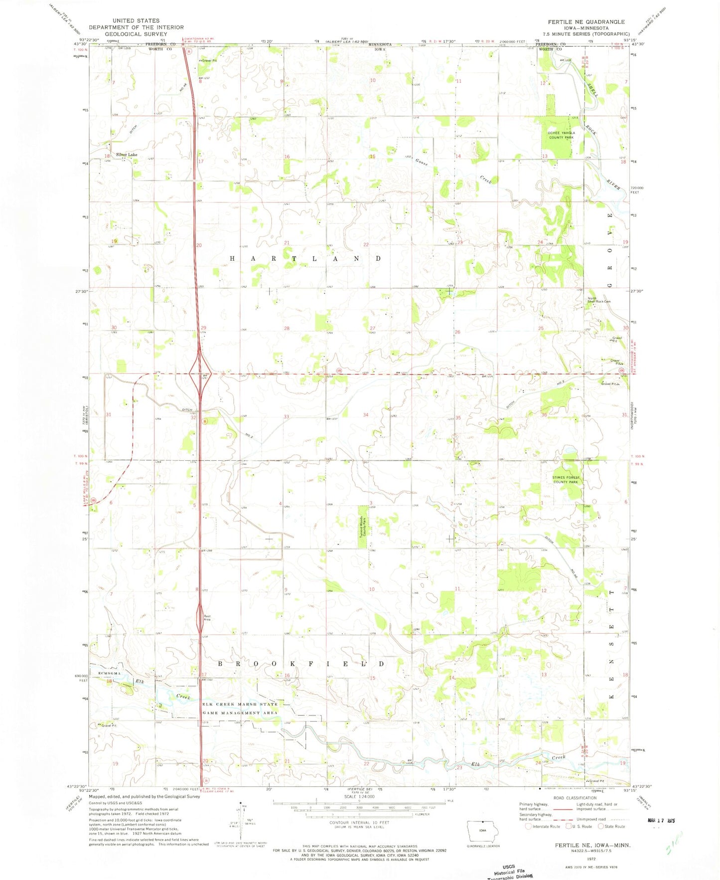 Classic USGS Fertile NE Iowa 7.5'x7.5' Topo Map Image