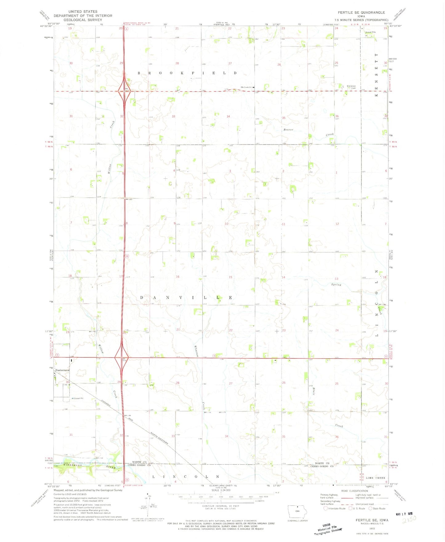 Classic USGS Fertile SE Iowa 7.5'x7.5' Topo Map Image