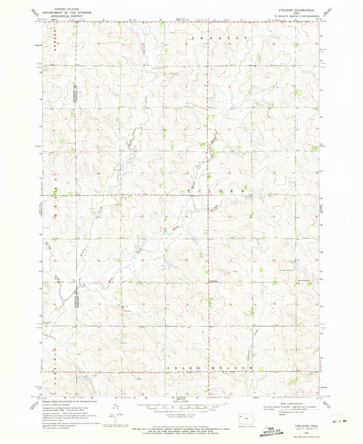 Classic USGS Fielding Iowa 7.5'x7.5' Topo Map Image