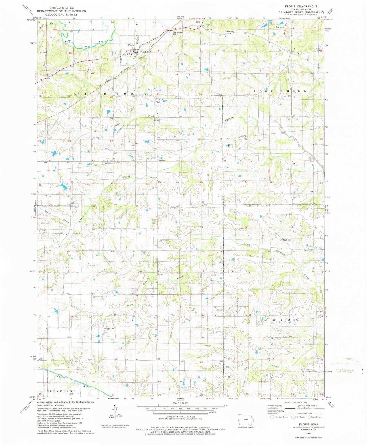 Classic USGS Floris Iowa 7.5'x7.5' Topo Map Image