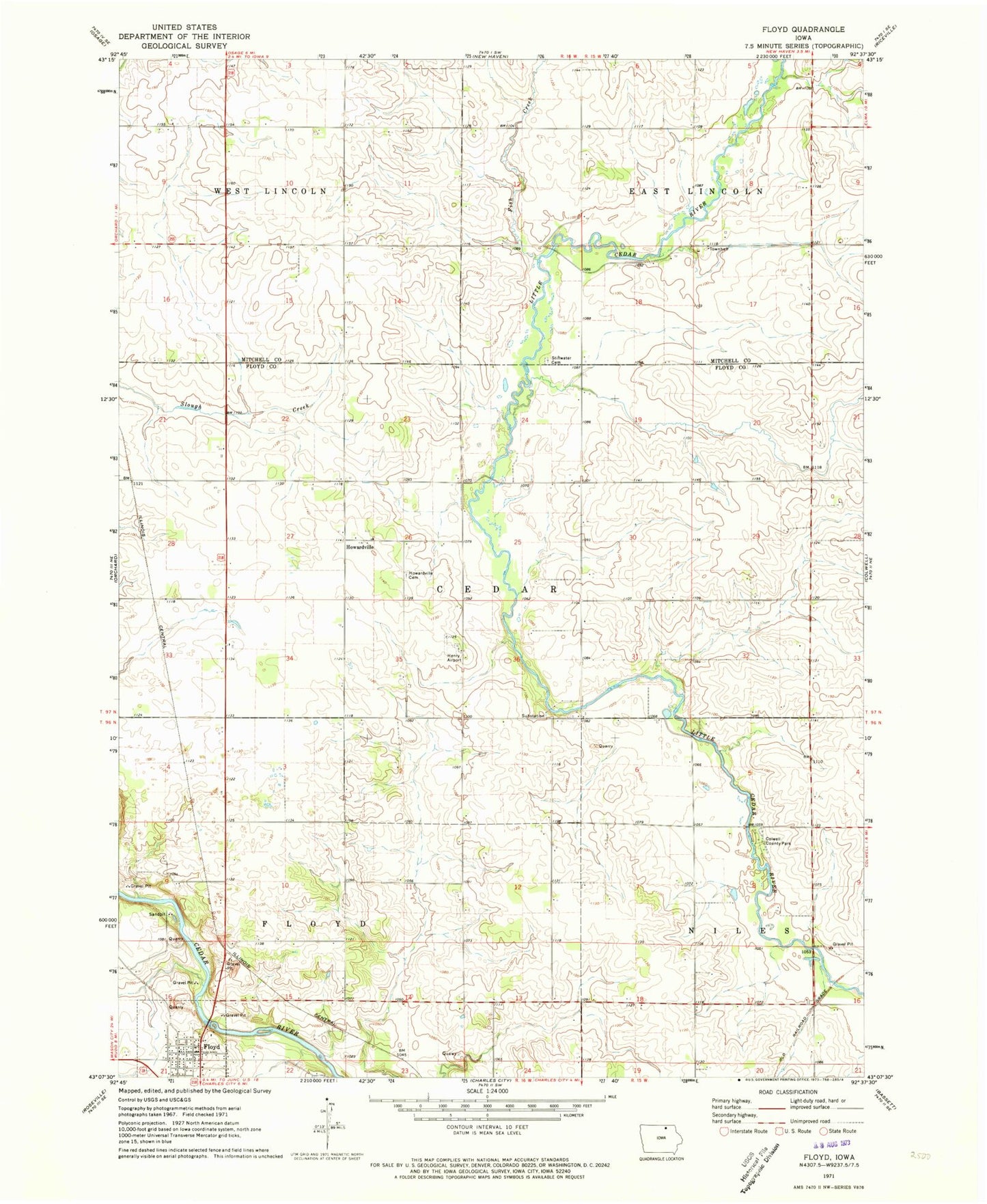Classic USGS Floyd Iowa 7.5'x7.5' Topo Map Image