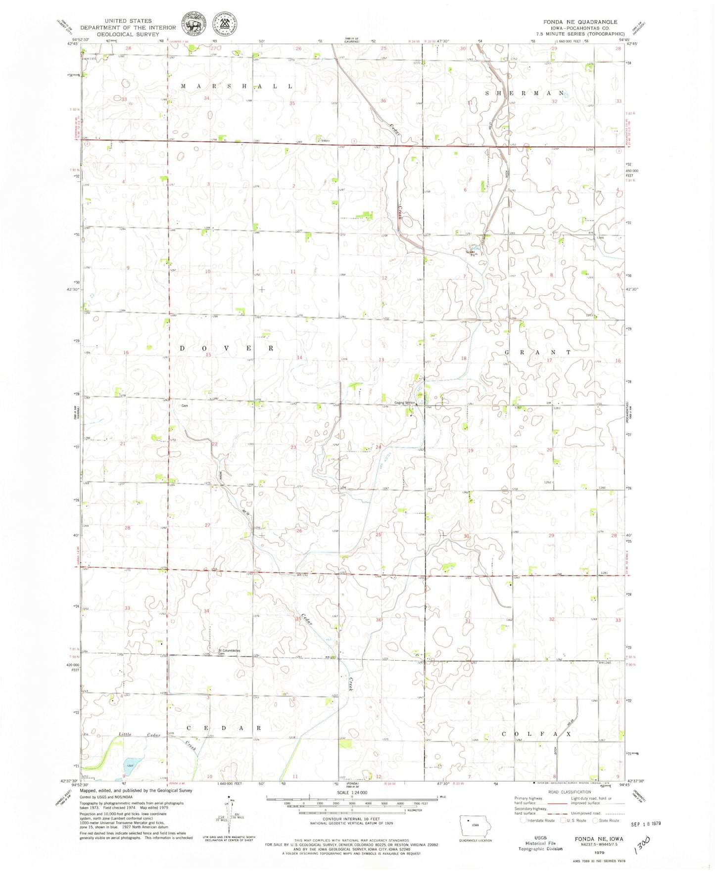 Classic USGS Fonda NE Iowa 7.5'x7.5' Topo Map Image