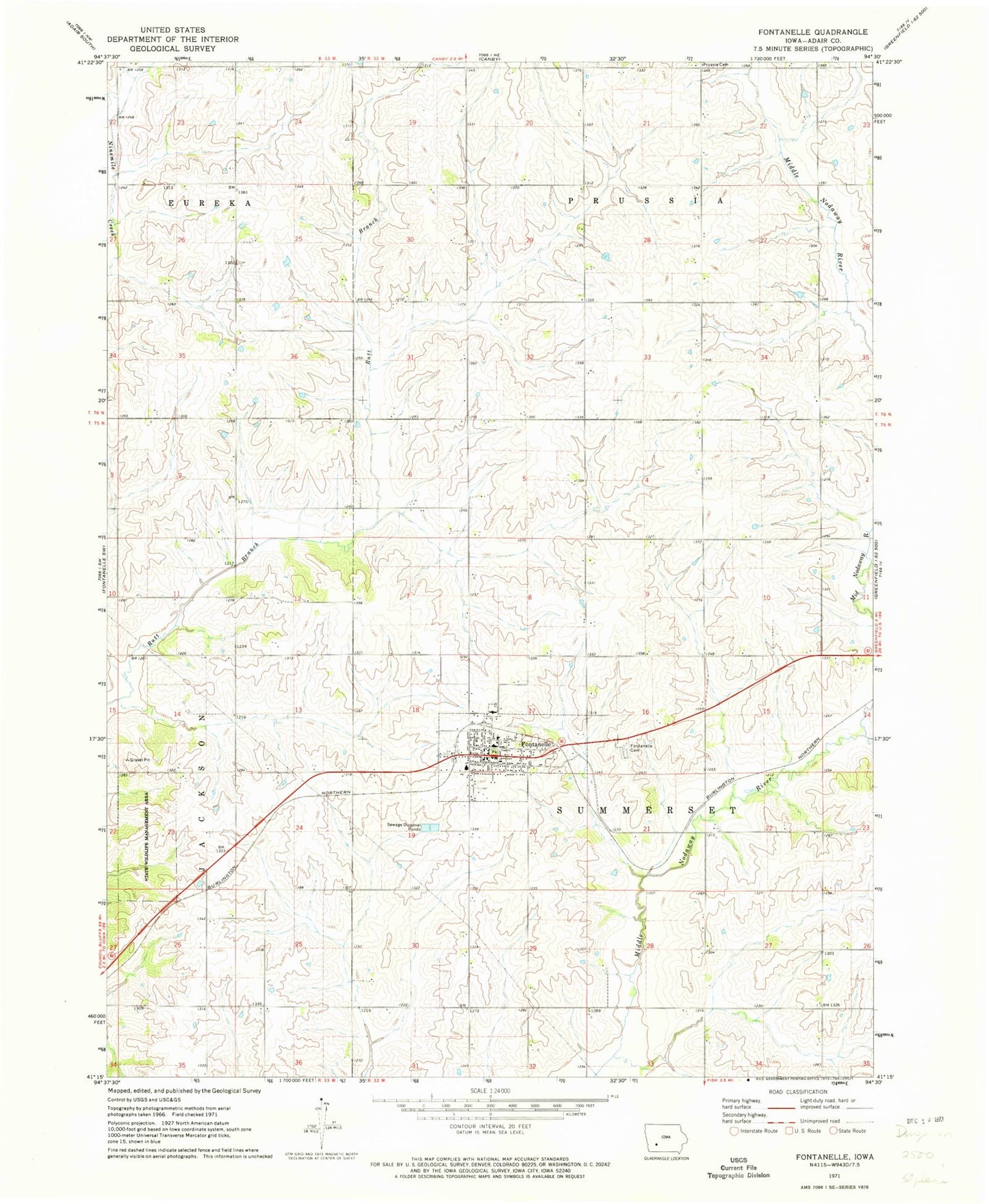 Classic USGS Fontanelle Iowa 7.5'x7.5' Topo Map Image