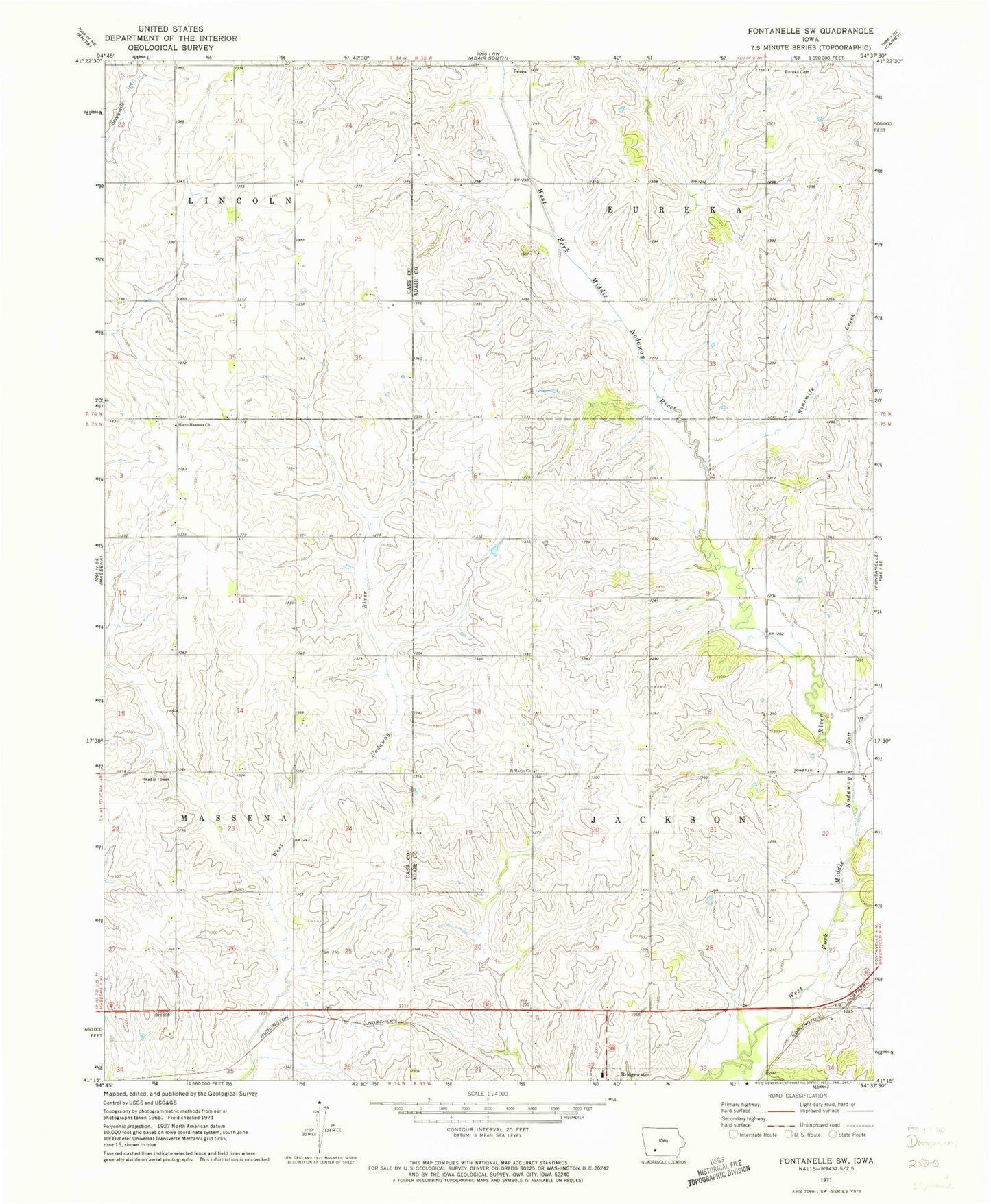 Classic USGS Fontanelle SW Iowa 7.5'x7.5' Topo Map Image